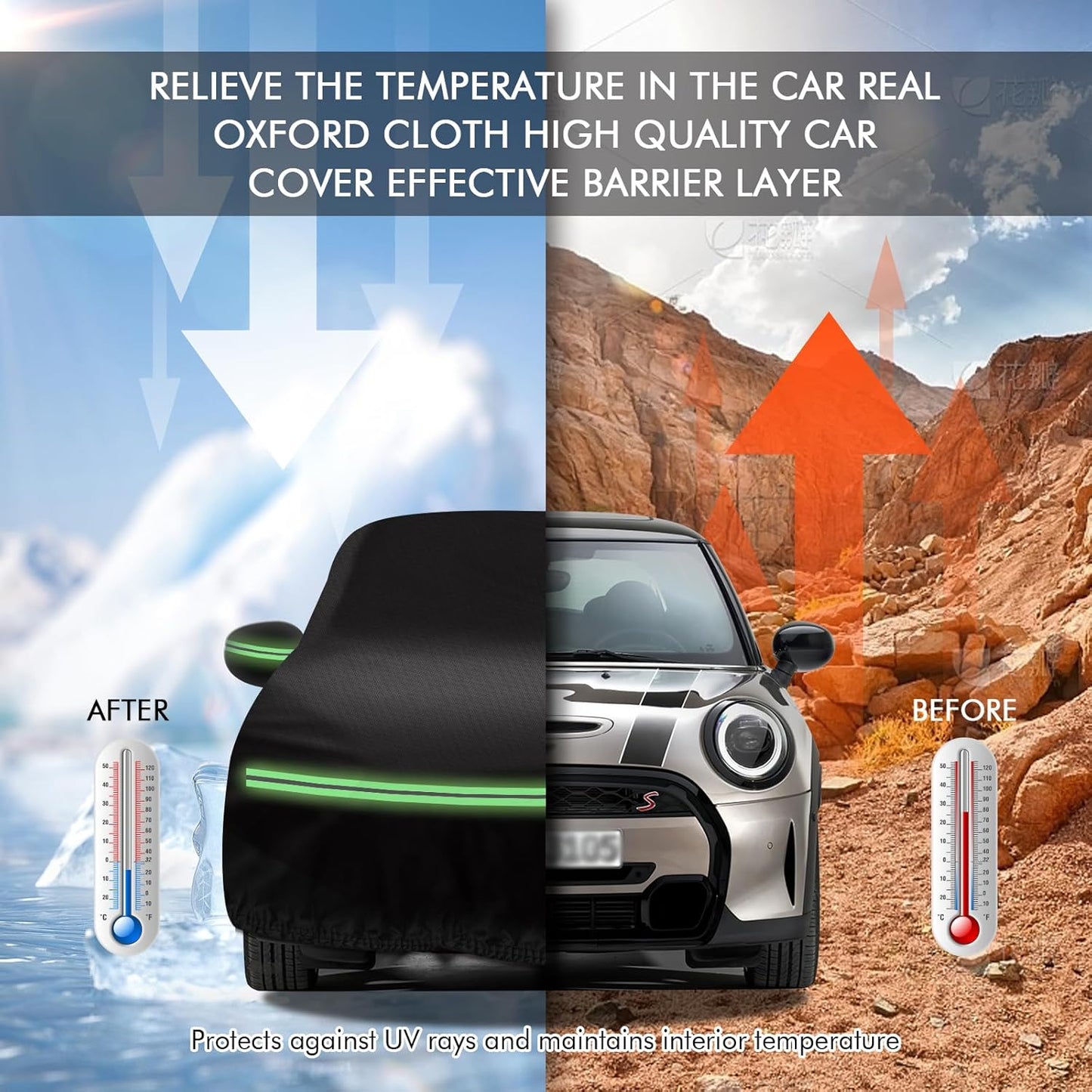 Mini Cooper/Cooper S Car Cover 2002-2023 - 210D Outdoor Waterproof UV Protection With Cotton Layer, Zipper Door, Reflective Strip, Storage Bag for 2-Door