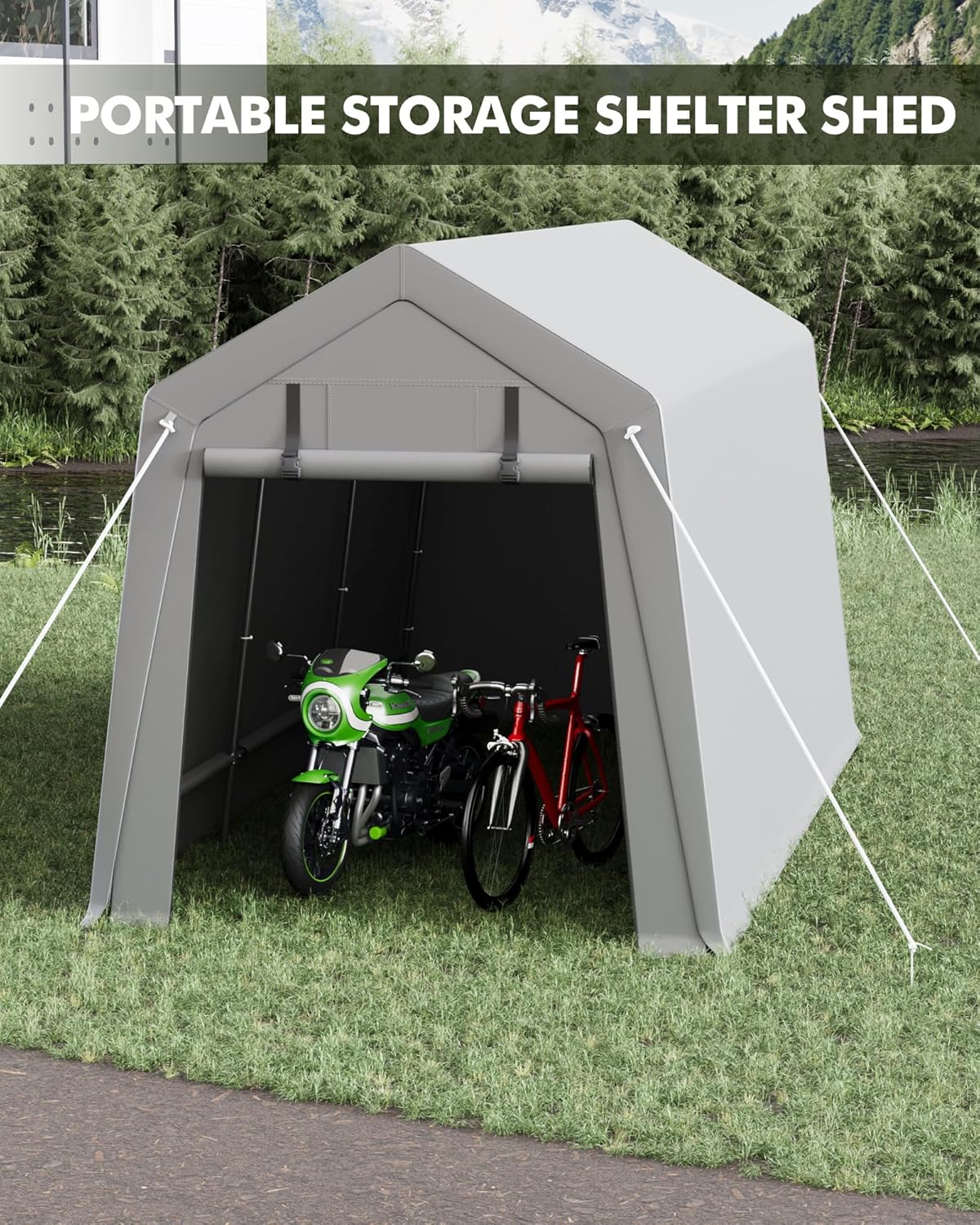 7 x 12 ft Carport Storage Shed, Portable Garage with Roll-up Zipper Door, Heavy Duty Waterproof Tarp, Storage for Motorcycle, Bike, Firewood, Garden Tools