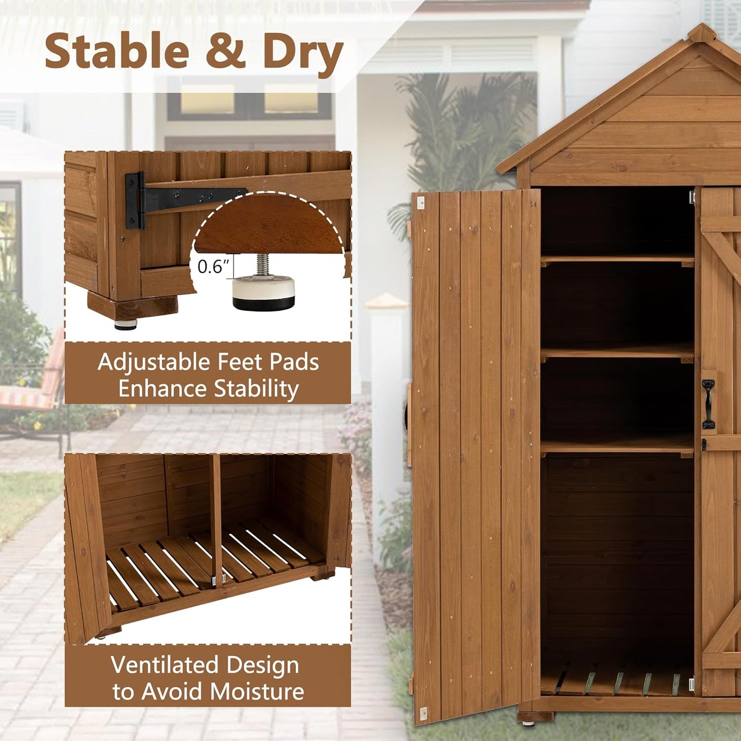 39.56"x 22.04"x 68.89" Outdoor Storage Cabinet with Removable Shelves, Waterproof Roof, and Adjustable Feet - Fir Wood Garden Tool Shed for Yard, Patio, Deck, and Garage,Yellow Brown