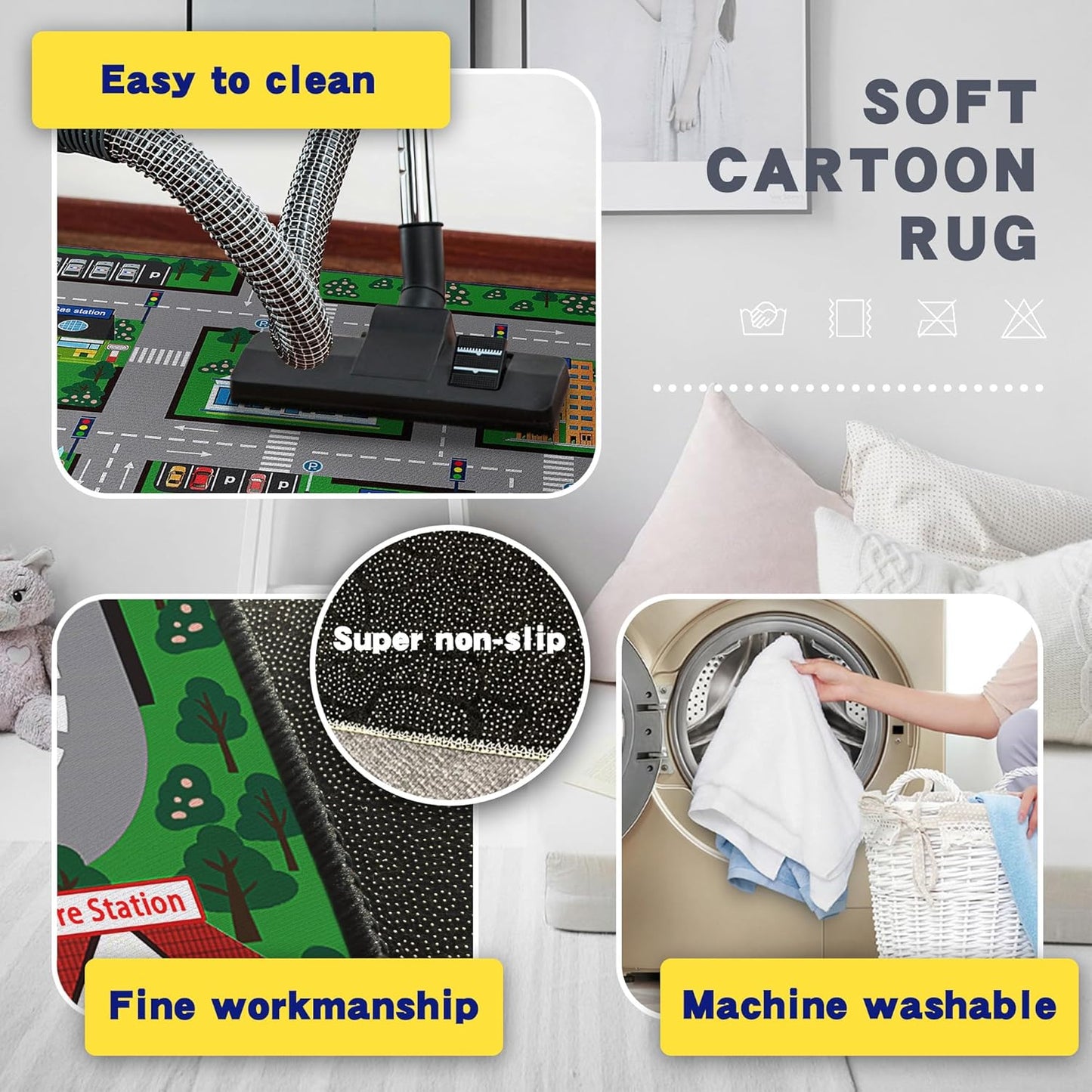 Fun Car Play Area Carpet Car Mat 59"x39" Play Rug for Playroom Town City Road Map for Boys Bedroom Non-Slip Washable