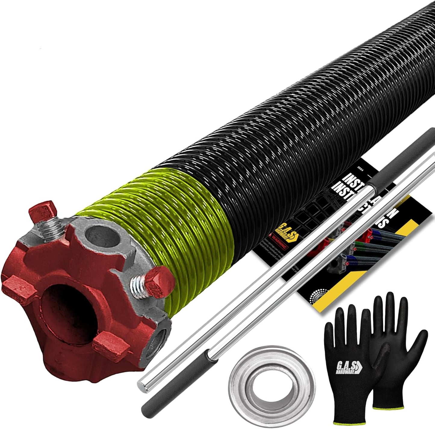 Garage Door Torsion Spring 207x2x25 Torsion Springs for Left Side of Garage Door with 1" Steel Bearing, Gloves, and Winding Bars Precision E-Coating 5-Year Warranty Minimum 30,000 Cycles (Red Cone)