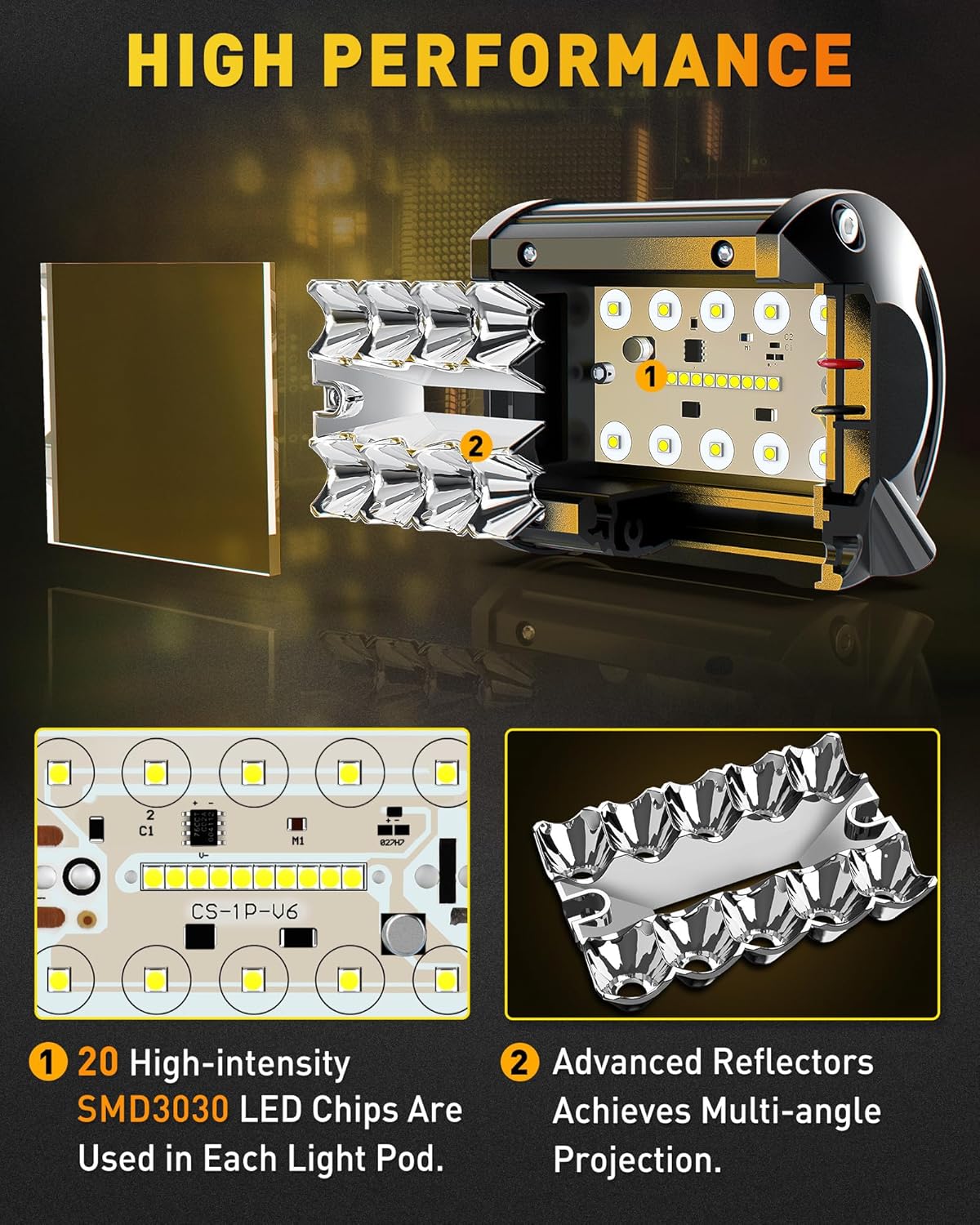 NAOEVO 4 Inch LED Pod Lights, Spot Flood Yellow LED Fog/Driving/Off Road Lights with 2 Leads Wiring Harness, Cube Pods for Truck Boat ATV UTV, 2 Pcs (Yellow)