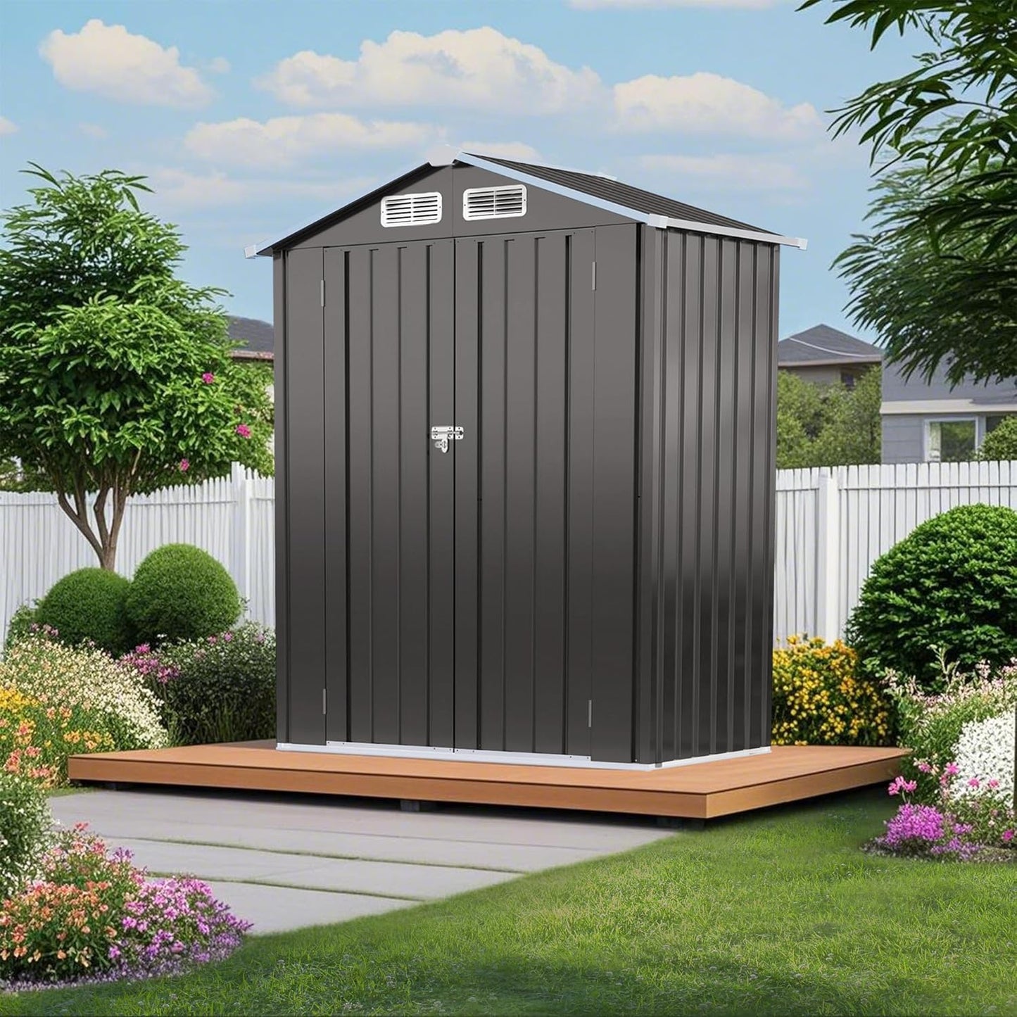 IKERY 5X3 FT Metal Outdoor Storage Shed, Tool Shed with Pitched RoofWaterproof, Lockable DoorCompact Metal Tool Shed for Garden, Backyard, Patio, Everyday Sundries and Bike Storage, Gray