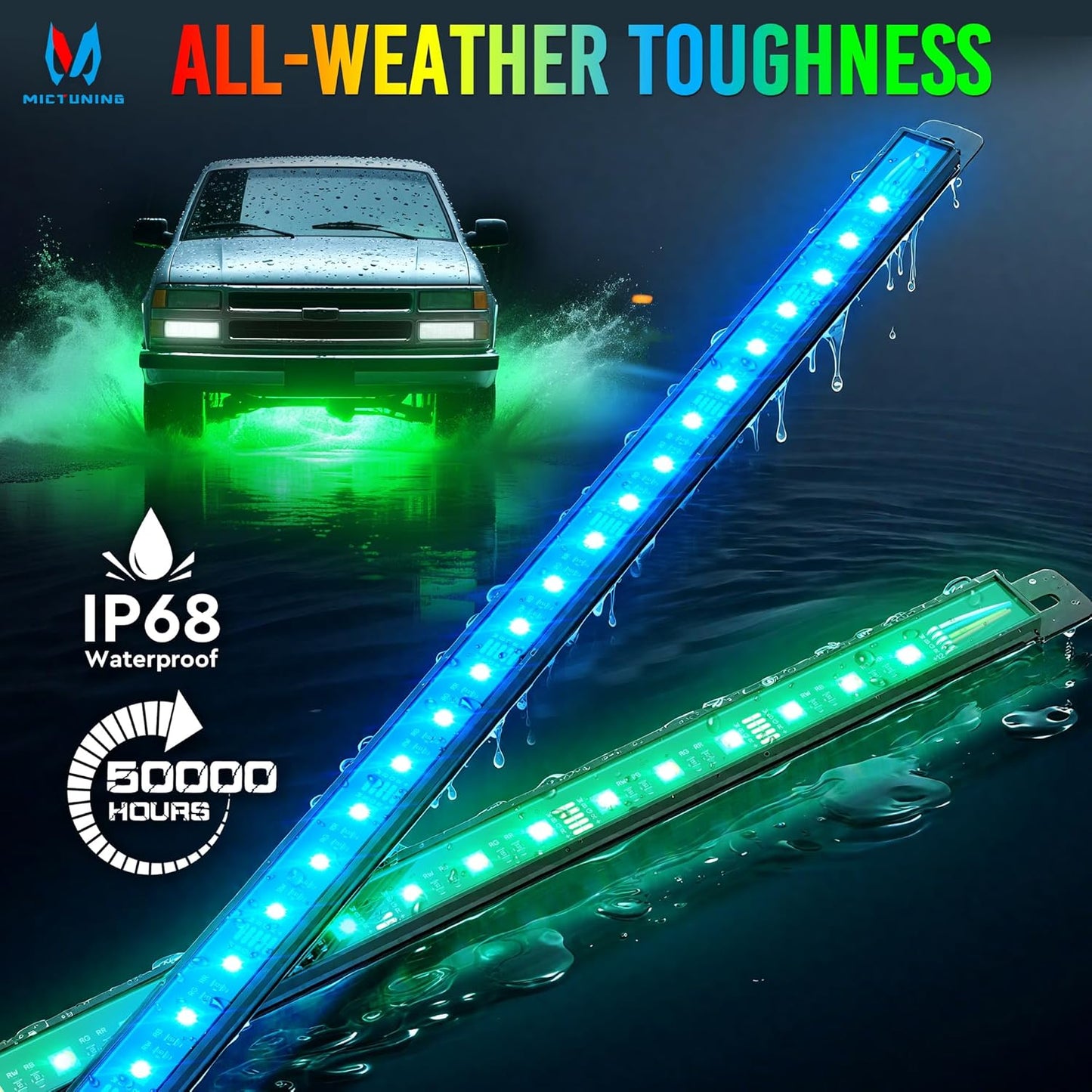 MICTUNING U8 RGBW Underglow LED Light Bars (8-Piece Kit) 888 Ultra-Bright LEDs, Dual Remotes, White+RGB Colors, IP68 Waterproof Aluminum Housing – for Cars, Trucks, SUVs, ATVs