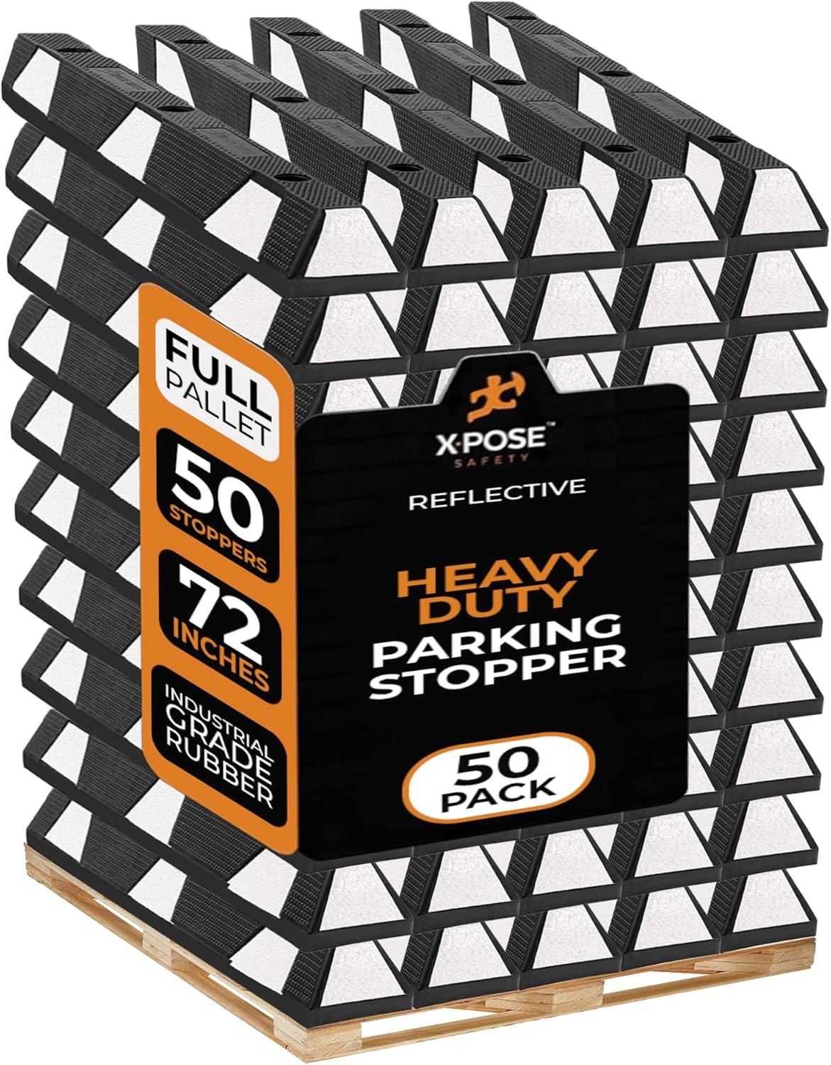 Xpose Safety 72" Heavy Duty Rubber Parking Stopper – Bulk Full Pallet 50 Pack Wheel Blocks for Garage, Driveway, or Ramp – Car Bumper Stop with White Reflective Strips – Removable Floor Mount