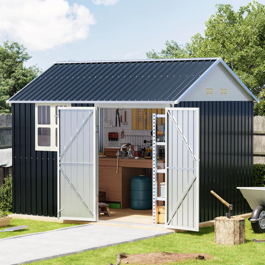 Breezz 8X10FT Outdoor Steel Storage Shed with Clear Window, Lockable Doors, Weather-Resistant Metal Tool Shed for Garden, Backyard, Patio, and Utility Storage.Nightblue