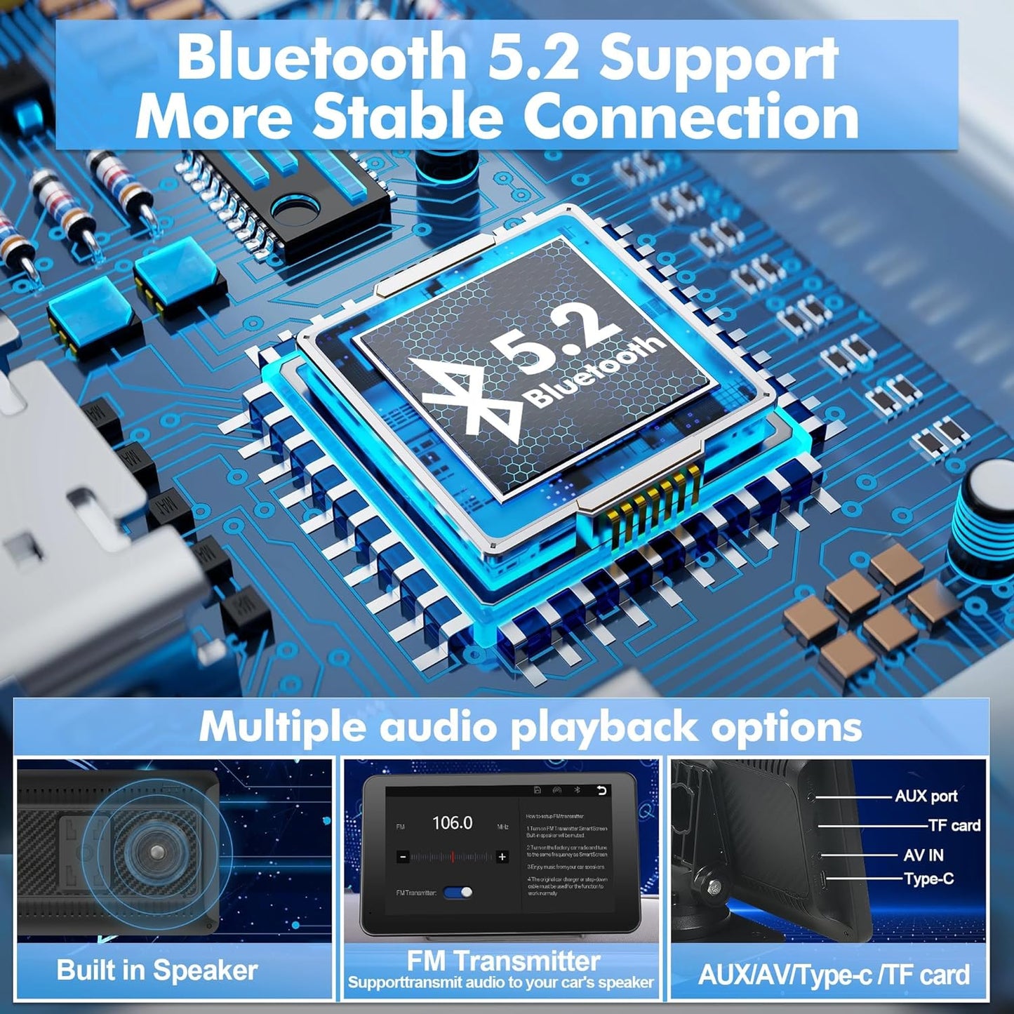 【Hieha】 2025 Wireless Portable Carplay and Android Auto, Carplay Screen for Car with Mirror Link/AUX/FM,7" Touchscreen Bluetooth 5.0, Marine Stereos for All Vehicles