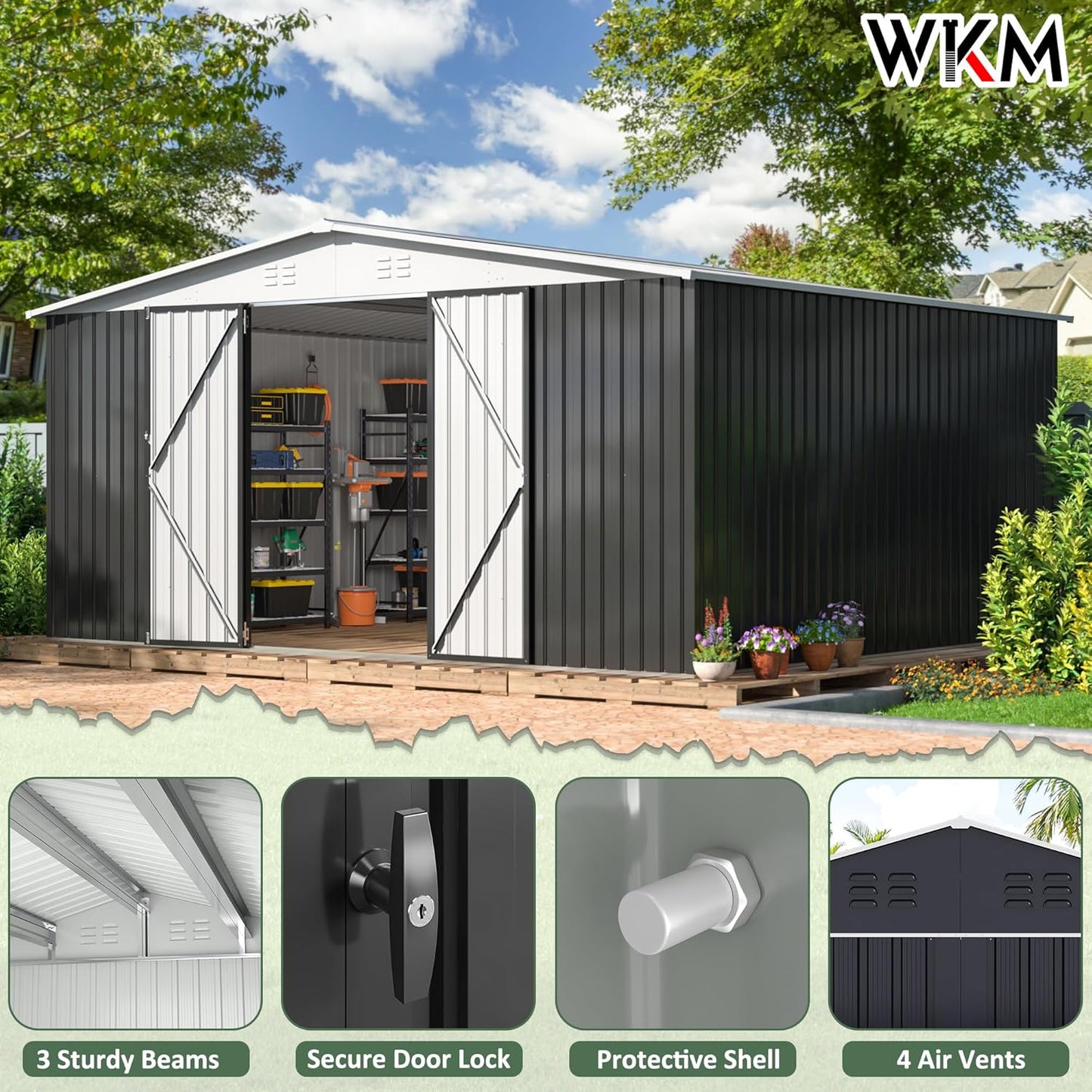 WKM 12x14 FT Outdoor Storage Shed, Utility Metal Tool Storage with Lockable Doors and Updated Frame Structure, Large Metal Garden Shed for Backyard, Patio Lawn, White