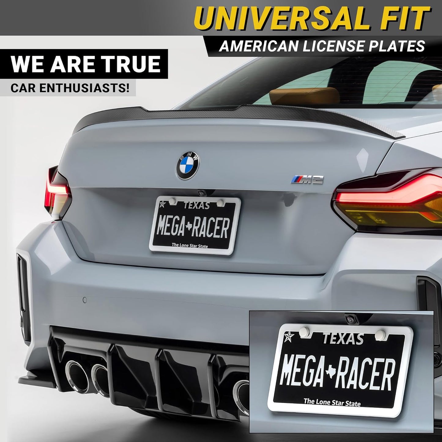 Premium Slim White License Plate Frames – 2 Pack, Rust-Free Stainless Steel, Street Legal & Rattle-Free, Universal Fit with Screw Covers, Sleek Thin Metal Front & Rear Car Tag Holders for Men & Women