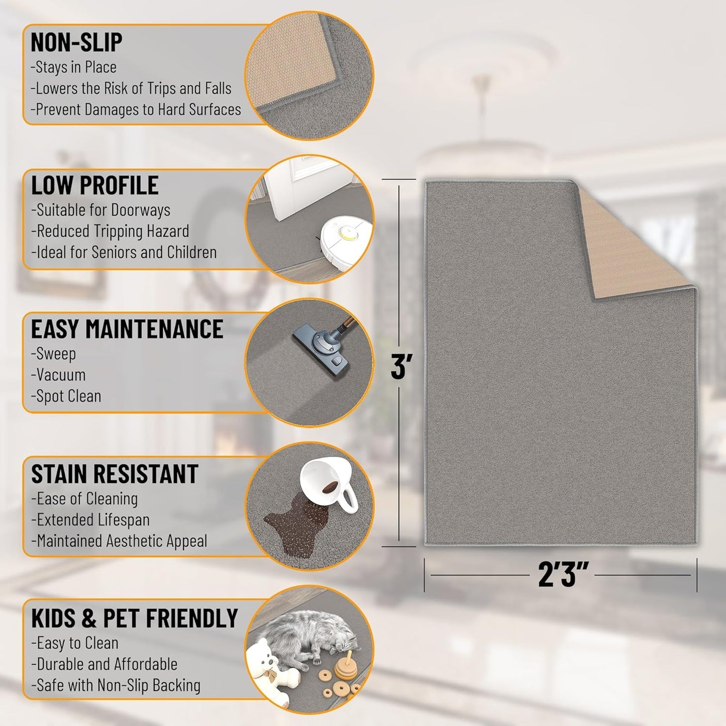 Ottomanson Rugs for Entryway 2'3" x 3' Non Slip Solid Small Area Rugs Durable Front Door Mat Rug Stain Resistant Entrance Rugs for Bathroom Kitchen Bedroom & Living Room, Gray