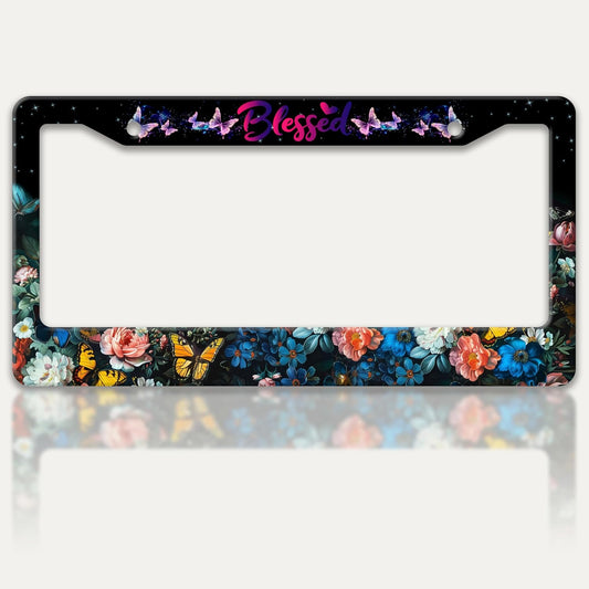 Blessed License Plate Frame Beautiful Butterfly Flowers License Plate Holders Funny Stainless Steel Auto Accessory Bracket 2 Hole with Screws Universal Us Car License Plate Frames 6x12 Inch