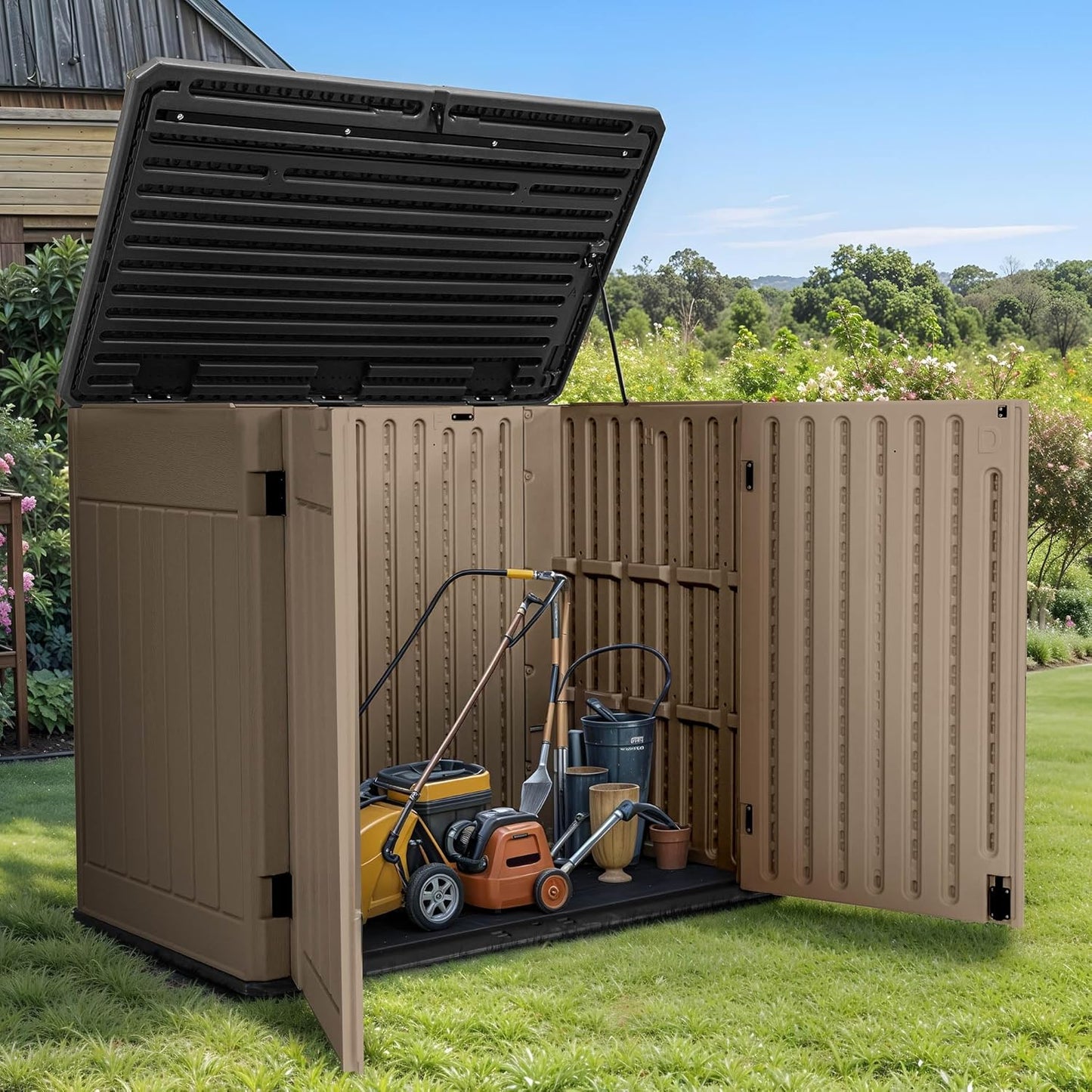 GOOBED 4.5x4ft Outdoor Horizontal Resin Storage Shed, 47 cuft Large Waterproof Tool Shed, No Shelf Included, Lockable, Easy Assembly (Brown)