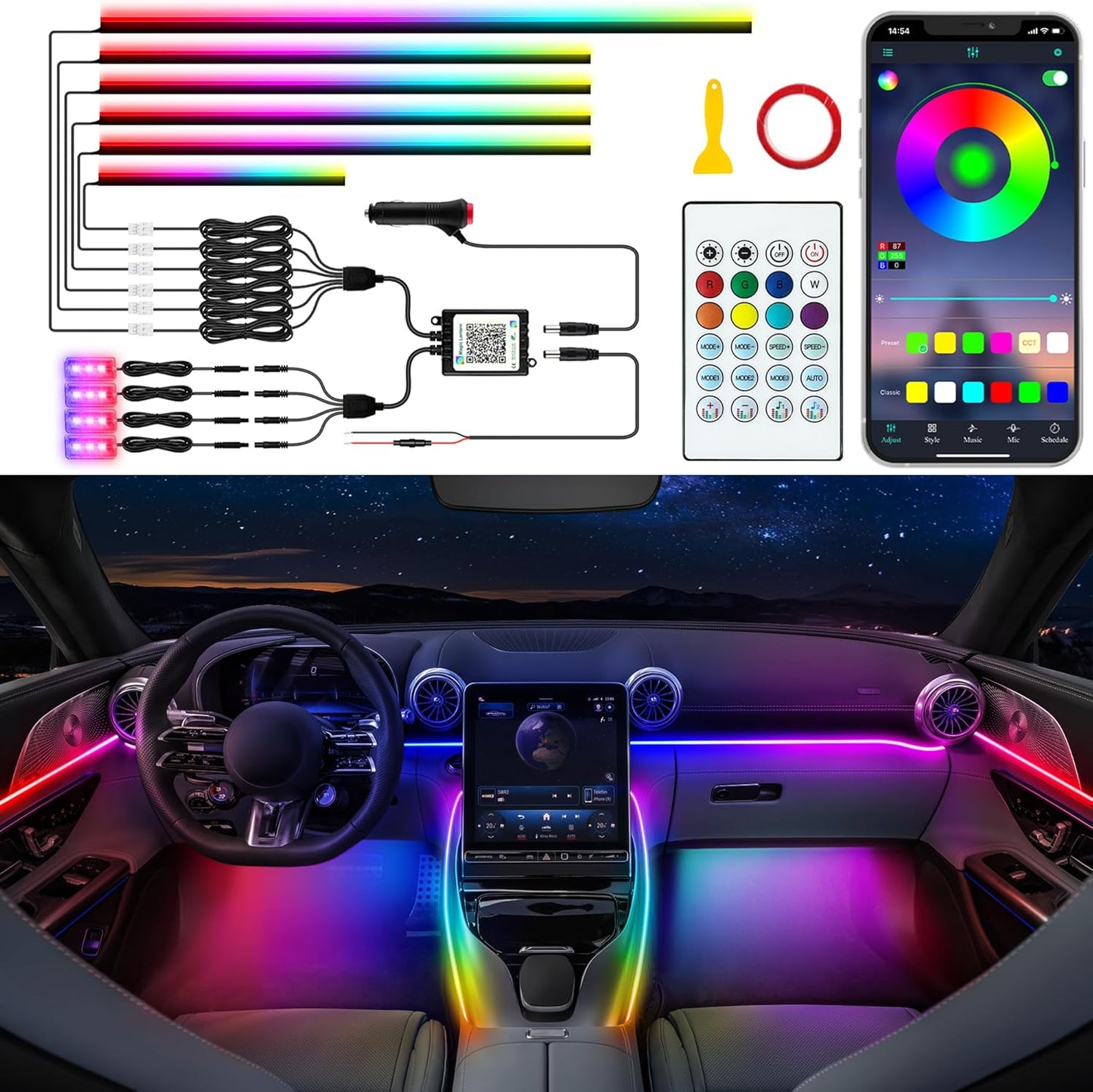 Acrylic LED Lights - Interior Car Ambient Lighting Kits with Dynamic Rainbow Dream Color Chasing, Music Sync (10 in 1(4*29.5+43.3+14.5 inches+4 Footwell Lights))