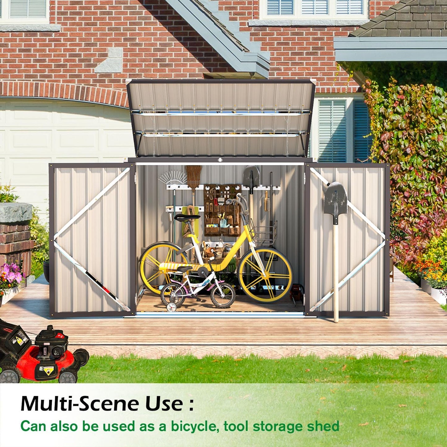 AECOJOY Outdoor Trash Can Storage, 46 Cu.Ft Outdoor Garbage Can Storage Shed, Horizontal Storage Cabinet Waterproof, Bicycle Sheds & Outdoor Storage Clearance in Brown