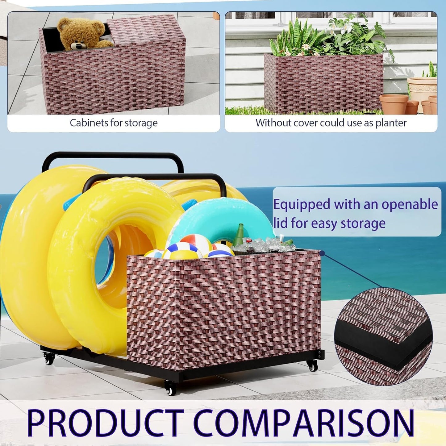 Pool Storage, All-Weather Float Storage Organizer for Cushions, Pool Float Storage Bin with Wheels, Waterproof Metal with Rattan Pattern UV Print Outdoor Pool Towel Rack, Brown