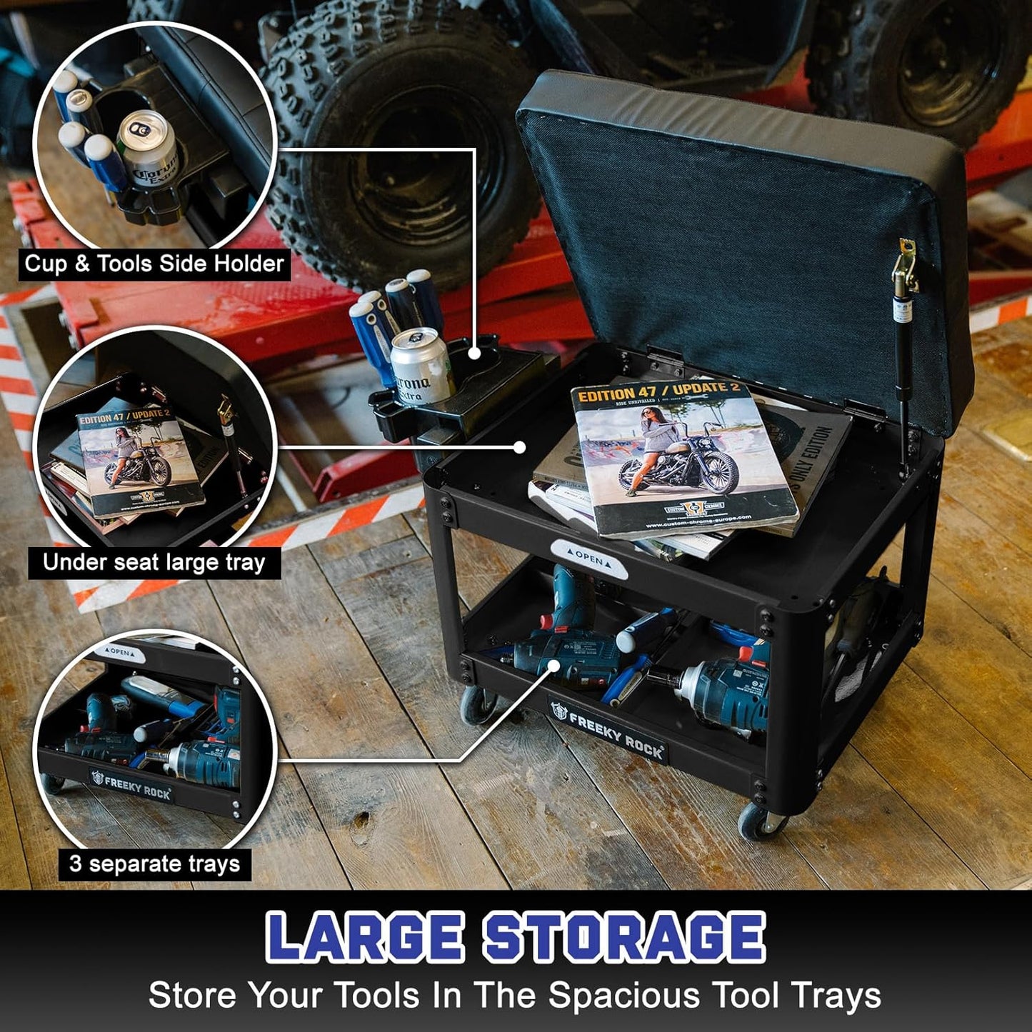 Rolling Mechanic Shop Stool with Wheels, Garage Mechanics Stool with 2 Layer Repair Tools Tray, Padded 360° Swivel Automotive Roller Creeper Seat Shop Chair, Heavy Duty, 330 LBS Capacity, Black