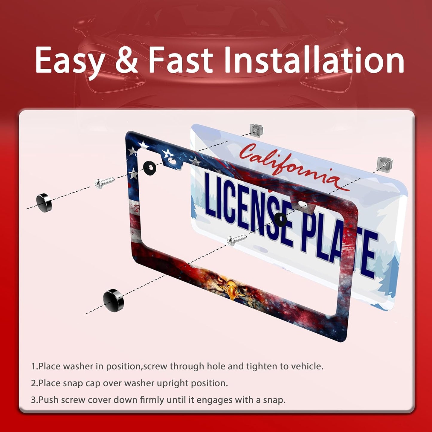 Personalized License Plate Frame American Flag Eagle Stainless Steel Accessory Patriotic Holder Funny Car Decorative 2 Holes Screws Fits Us Standard License Plates 12.2 X 6.3 in for Men Women