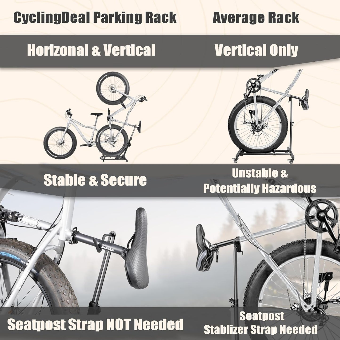 BIKE HAND Vertical Bike Stand - for Fat Bike Snow MTB Road Bikes with Max 5" Tire Width - Vertical & Horizontal Adjustable Bicycle Parking Rack with Seatpost Stabilizer - Wheel Sizes up to 29"