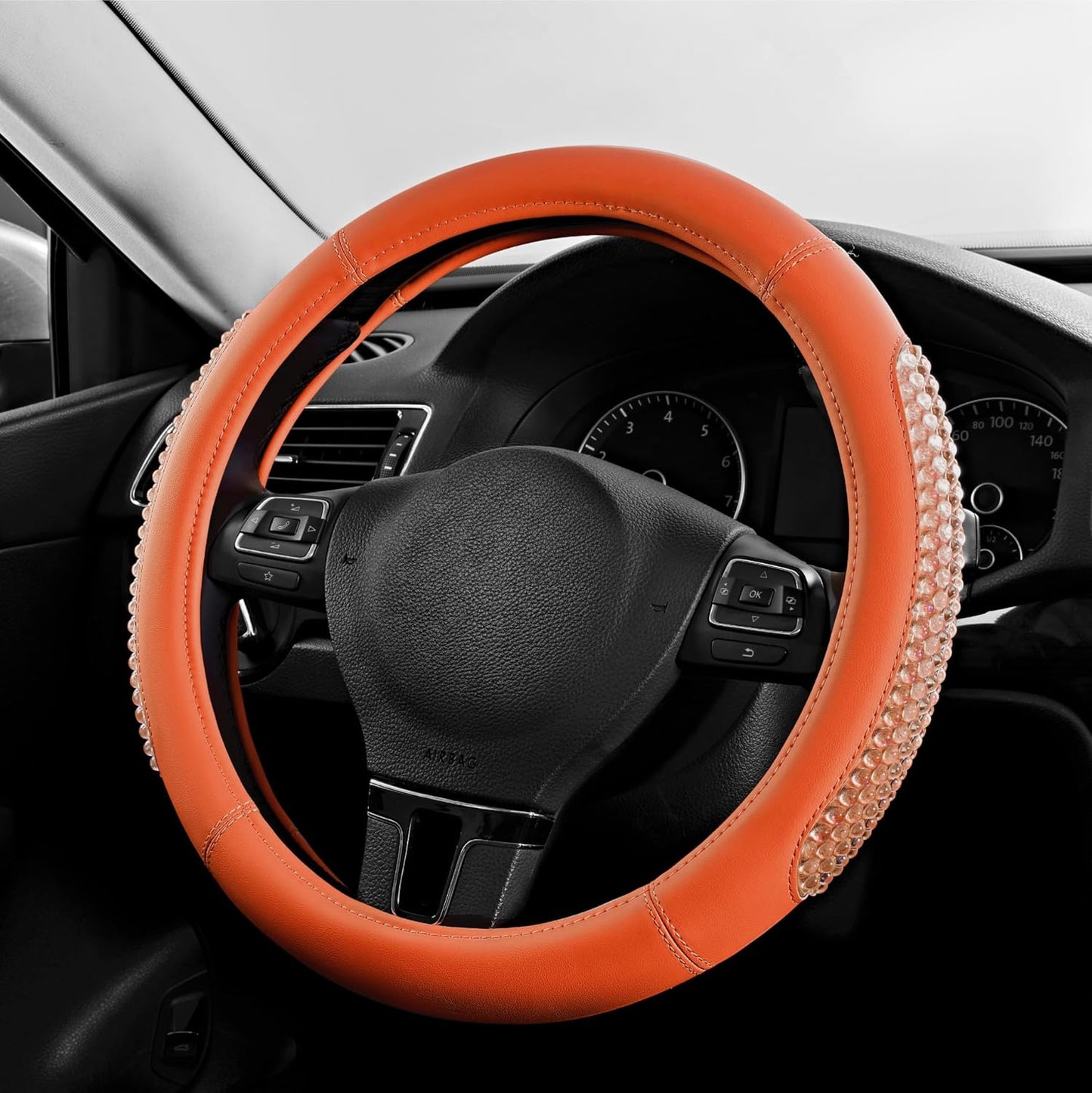 PIC AUTO Gel Particles Steering Wheel Cover, Orange Luxury Leather Car Steering Wheel Protector, Universal Fit 14.5"-15.5" Anti-Slip Car Interior Accessories for Girls & Women