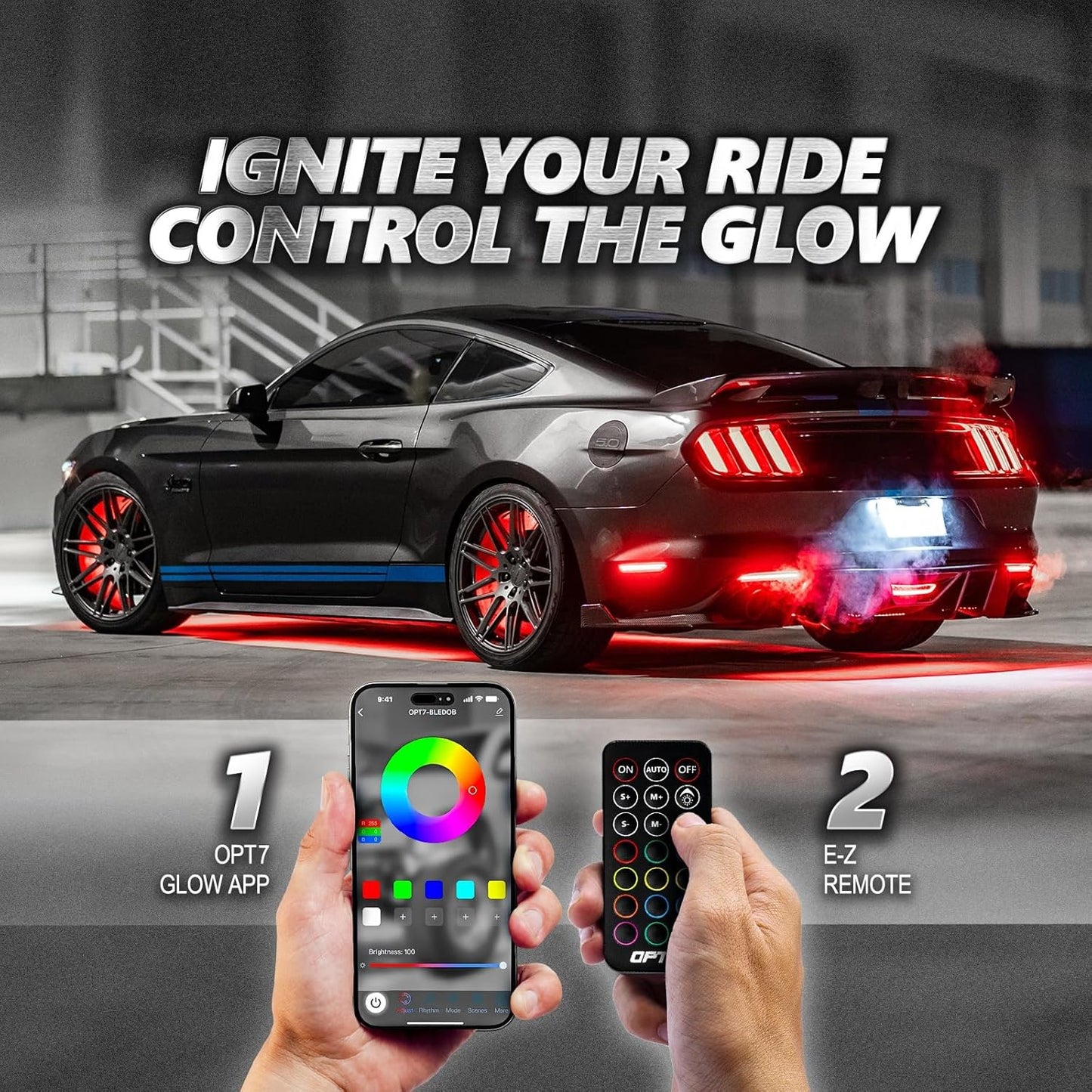 OPT7 Aura Pro Underglow LED Lights Kit for Car with APP & Remote Control, RGB Multicolor Modes, Music Sync, Waterproof Rigid Aluminum Light Bar, Exterior Neon Accent Underbody Lighting Kit