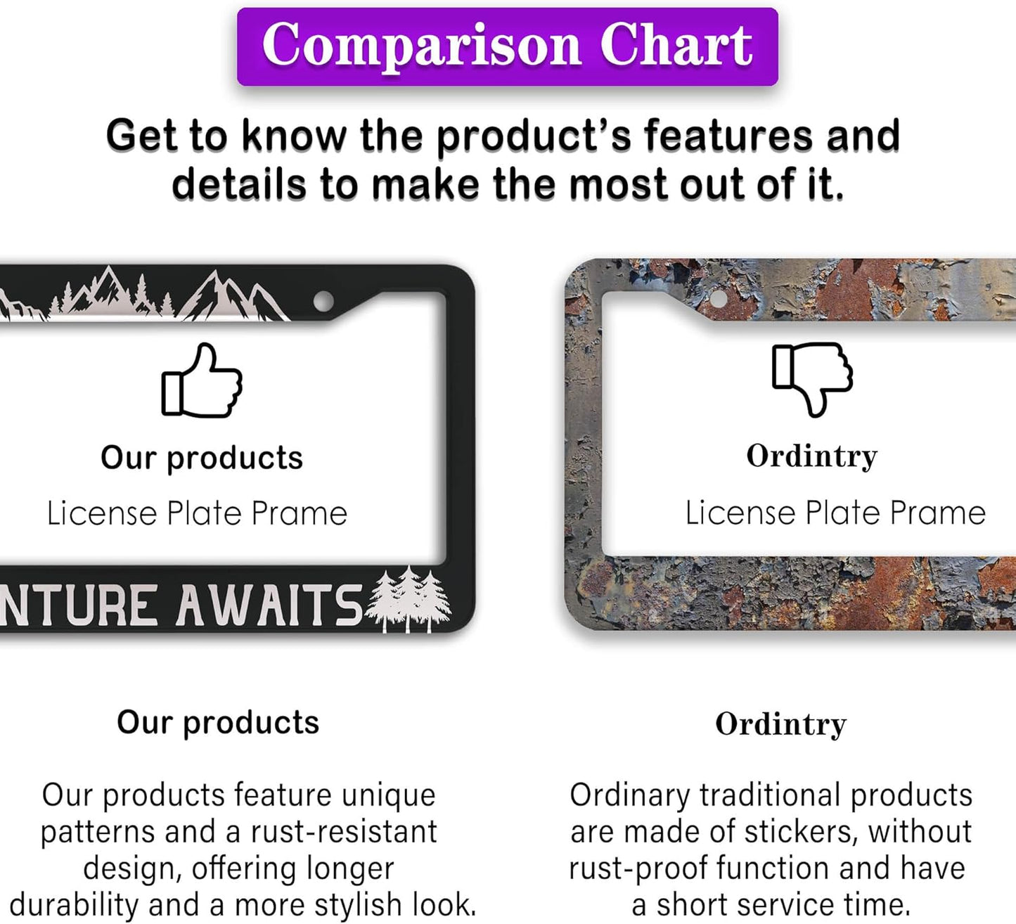 License Plate Frames Black and White License Plate Frame Adventure Awaits Universal Aluminum Car Accessory 2 Pack with Screw Covers Set