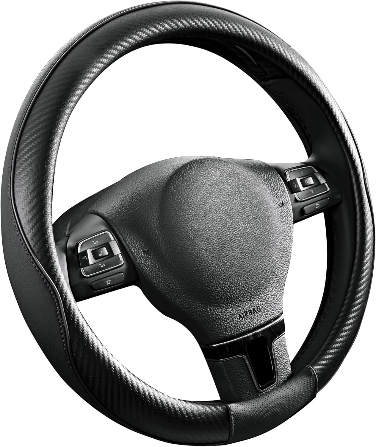 PIC AUTO Steering Wheel Cover, Black Piping Leather, Sports Carbon Fiber and Super Breathable Leather, Universal 14.5-15.5 Inch Anti-Slip Steering Wheels Accessories for Men & Women