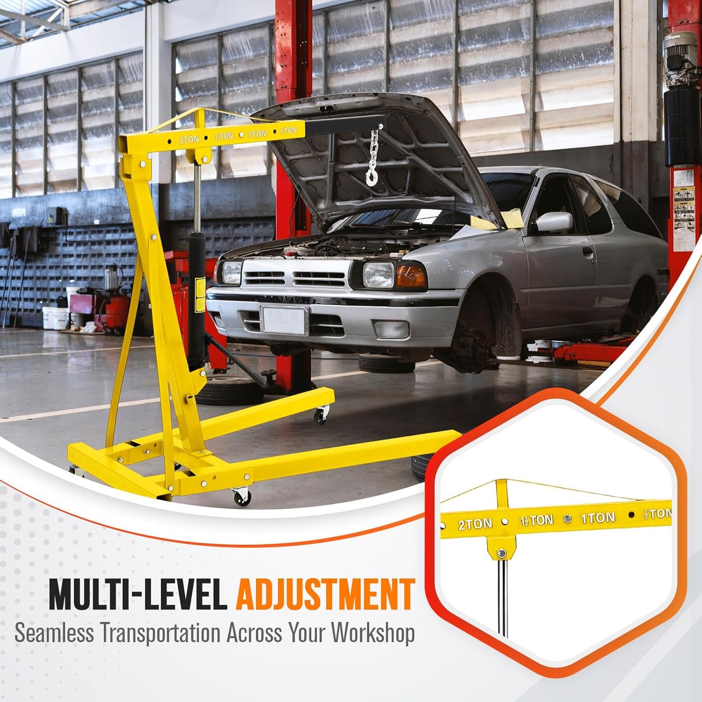 2 Ton Engine Hoist, Hydraulic Cherry Picker Engine Hoist Lift, 4400LBS Heavy Duty Crane Lifter with 6 Casters and Telescopic Boom, Foldable & Portable Design, for Garage, Workshop, Warehouse (Yellow)