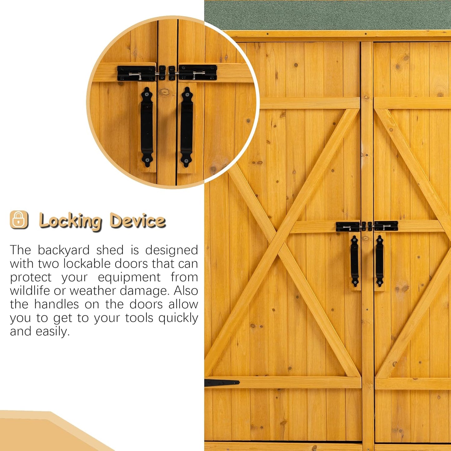 56" L x 19.5" W x 64" H Outdoor Wooden Storage Shed with Lockable Door, Waterproof Roof,Detachable Shelves for Garden Tools,Natural Wood