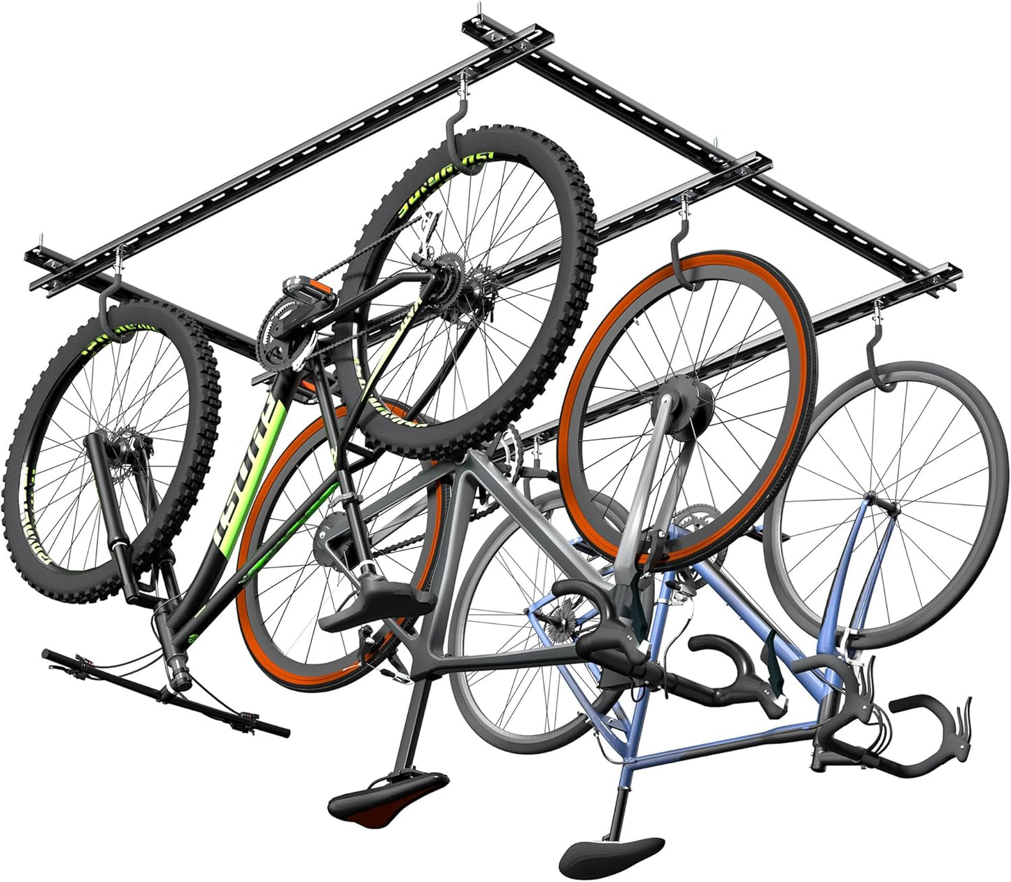 Ultrawall Ceiling Bike Rack for Garage, Indoor Bike Hanger with Sliding Track, Adjustable Bike Hooks for up to 3 Bikes (Horizontally), 6 Bikes (Vertically)