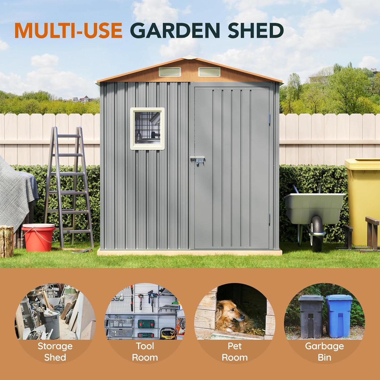 6x4FT Multi-used Shed & Outdoor Storage Shed, Steel Tool Shed with Lockable Doors,Window,Vent,Compact Metal Tool Garden Shed for Garden, Backyard, Patio, Lawn and Various Storage(Matte Gray)