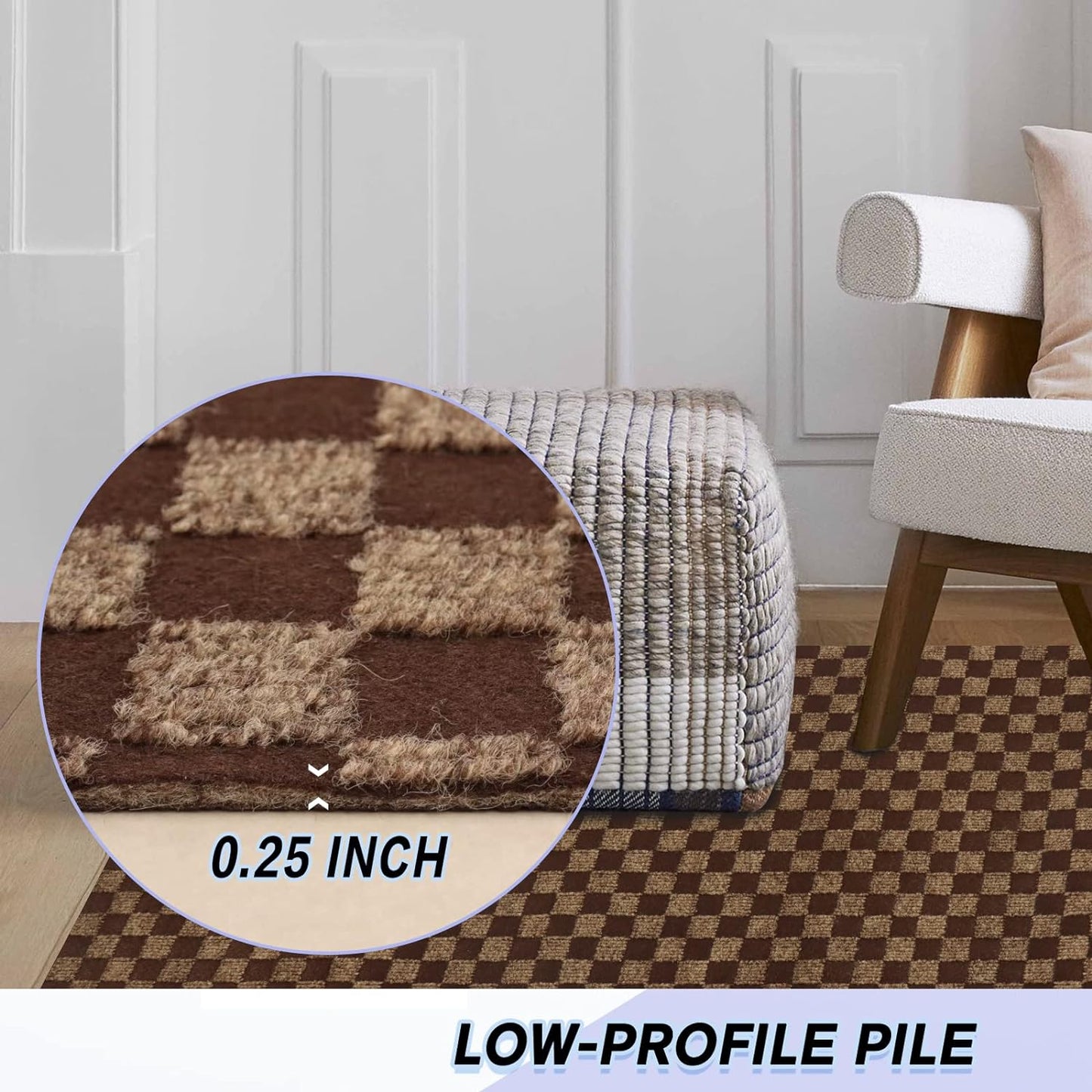 Custom Size Backed Non-Slip Area Rugs Runner, Easy Clean, Waterproof Runner Rugs for Hallway Entryway, Kitchen, Laundry, 4FT x 75FT, Brown Checkered