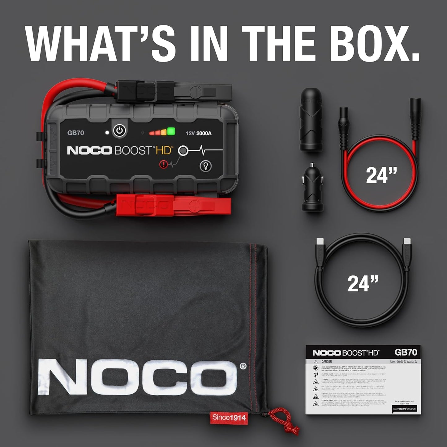 NOCO Boost GB70: 2000A UltraSafe Jump Starter – 12V Lithium Battery Booster Pack, Portable Jump Box, Power Bank & Jumper Cables - for 8.0L Gas and 6.0L Diesel Engines