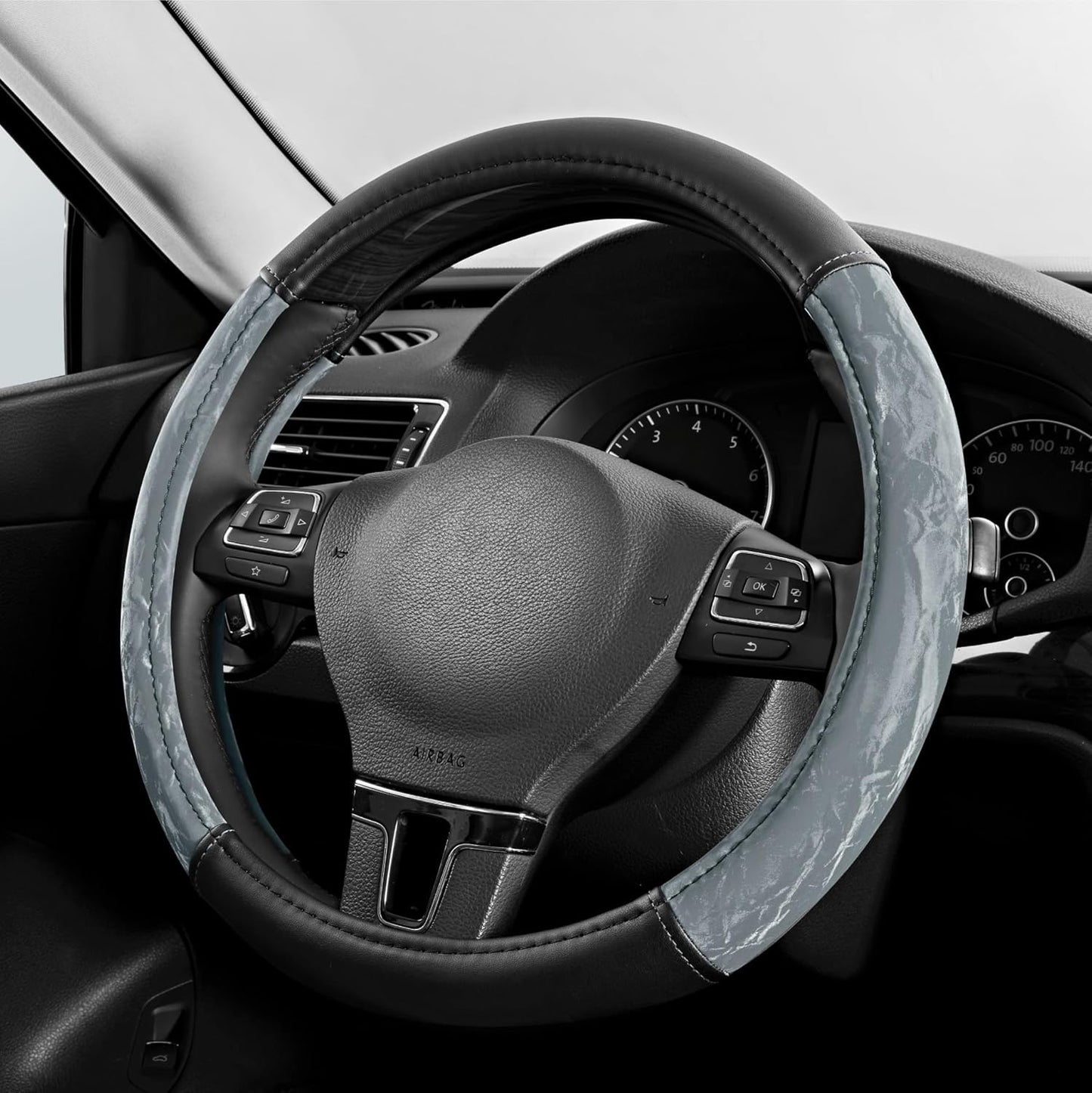 PIC AUTO Steering Wheel Cover, Silk Grain Leather Car Steering Wheel Protector, Comfortable Grip, Universal 14.5-15.5 Inch Anti-Slip Steering Wheels Accessories for Men & Women (Gray)