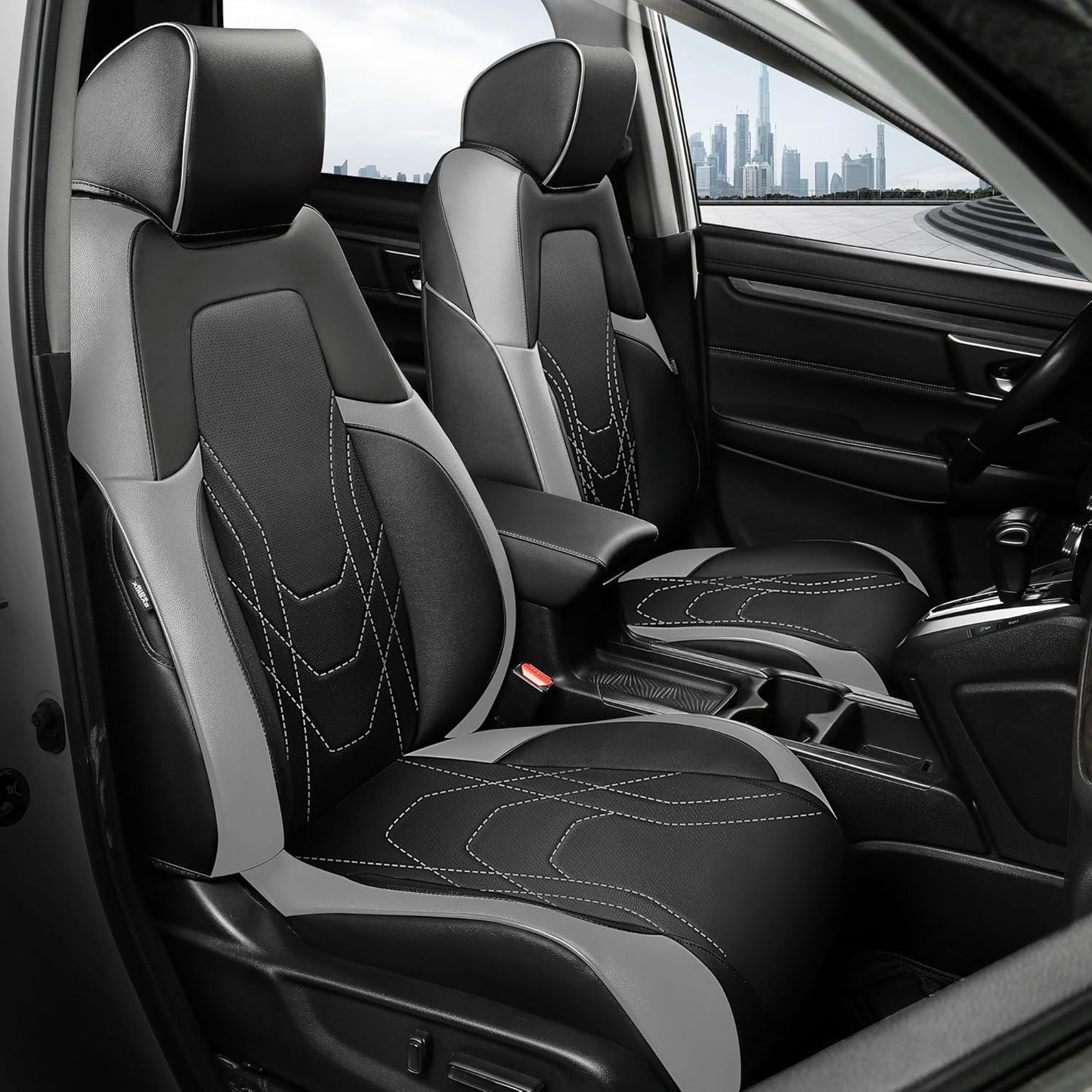 FREESOO CRV Seat Covers Full Set, for Honda CRV LX EX EX-L Sport Touring Hybrid 2017 2018 2019 2020 2021 2022, Custom Fit Car Seat Covers, Waterproof Leather Seat Covers, Black & Gray