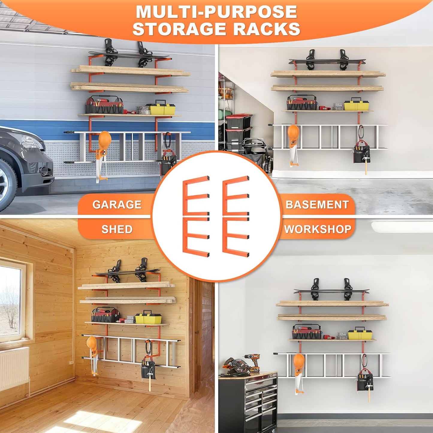 Ultrawall Lumber Storage Rack Wall Mount Wood Storage Racks, Metal Wood Organizer Racks for Shed, Workshop, Garage, Holds Up 220 LBS Per Level (Pack of 4, Orange)