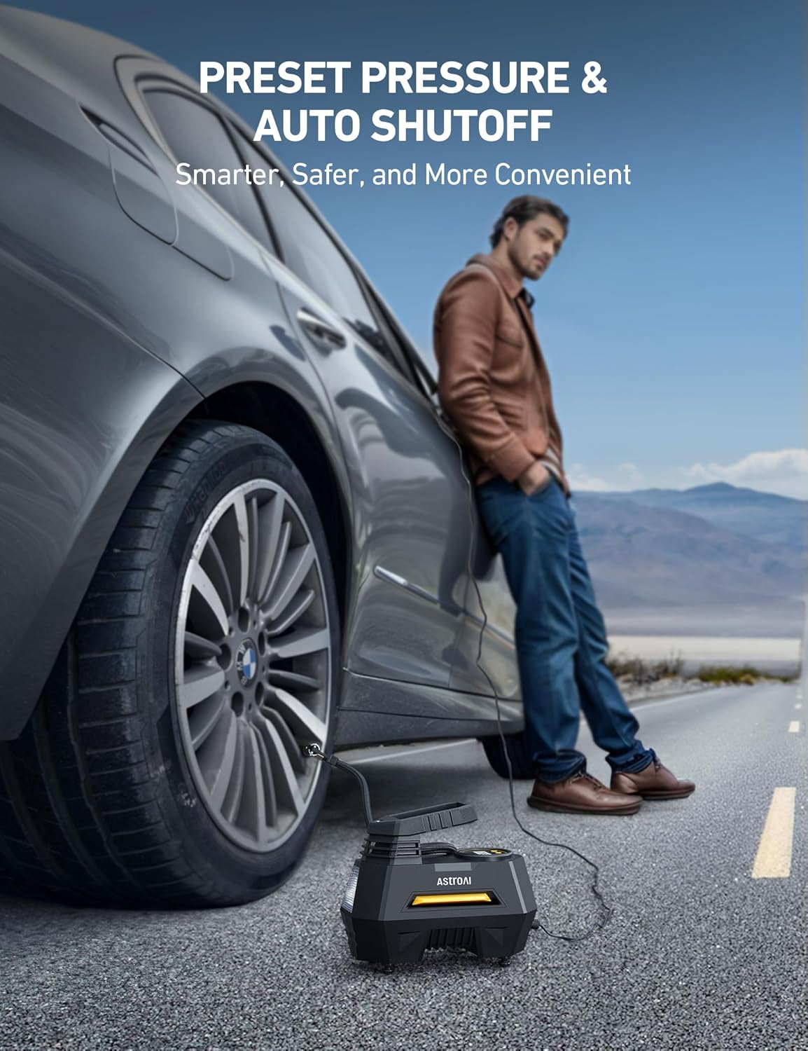 AstroAI Tire Inflator Portable Air Compressor Tire Air Pump for Car Tires - Car Accessories, 9.8Ft Cord 12V DC-Powered Auto Pump with Digital Pressure Gauge, LED Light for Bicycle, Balloons, Yellow