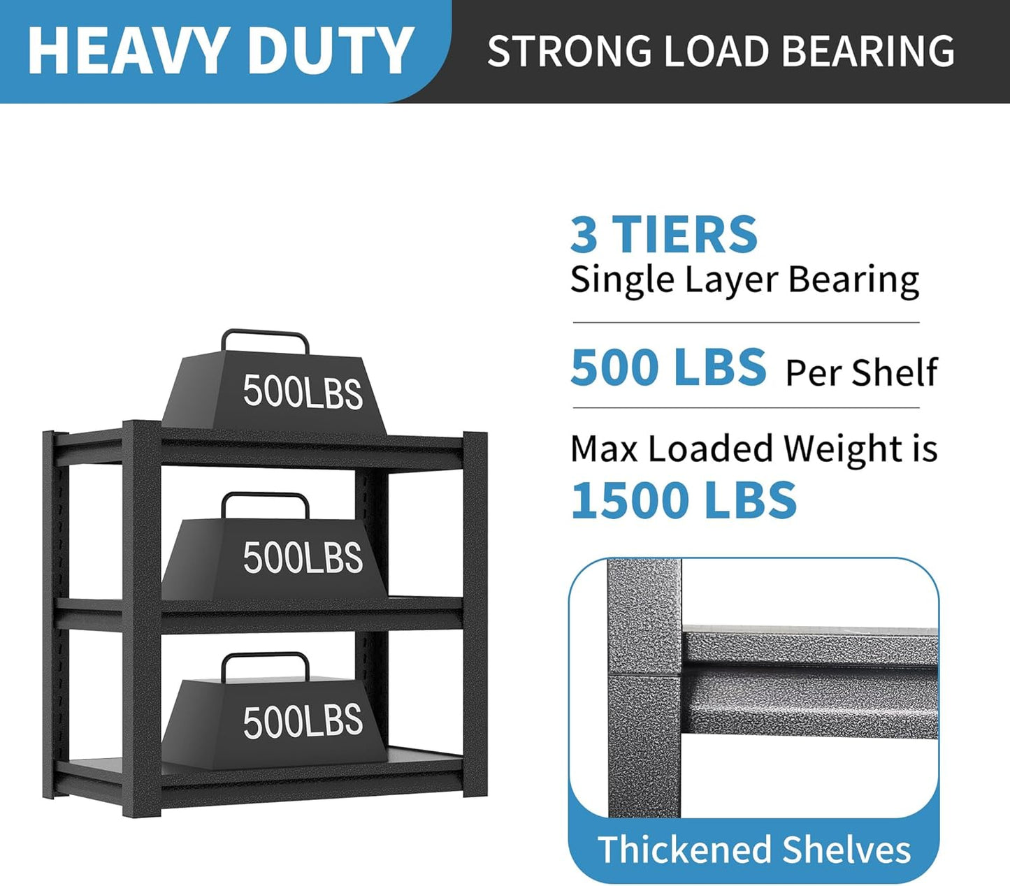 31.5" H Metal Storage Shelving, 1500LBS Heavy Duty Shelves Unit, Adjustable 3 Tier Storage Rack, Industrial Utility Shelf for Garage, Warehouse, Bedroom, Kitchen,18" D×34“W×31.5”H, Black