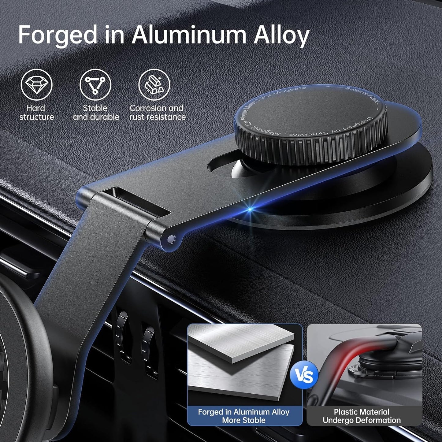 SYNCWIRE Fits MagSafe Car Mount for Universal Dashboard, Tesla Screen, Magnetic Phone Holder for Car, Foldable Aluminum Alloy Arm, Super Stable Car Mount for iPhone 16 Pro Max 15 14 13 12&All Phones