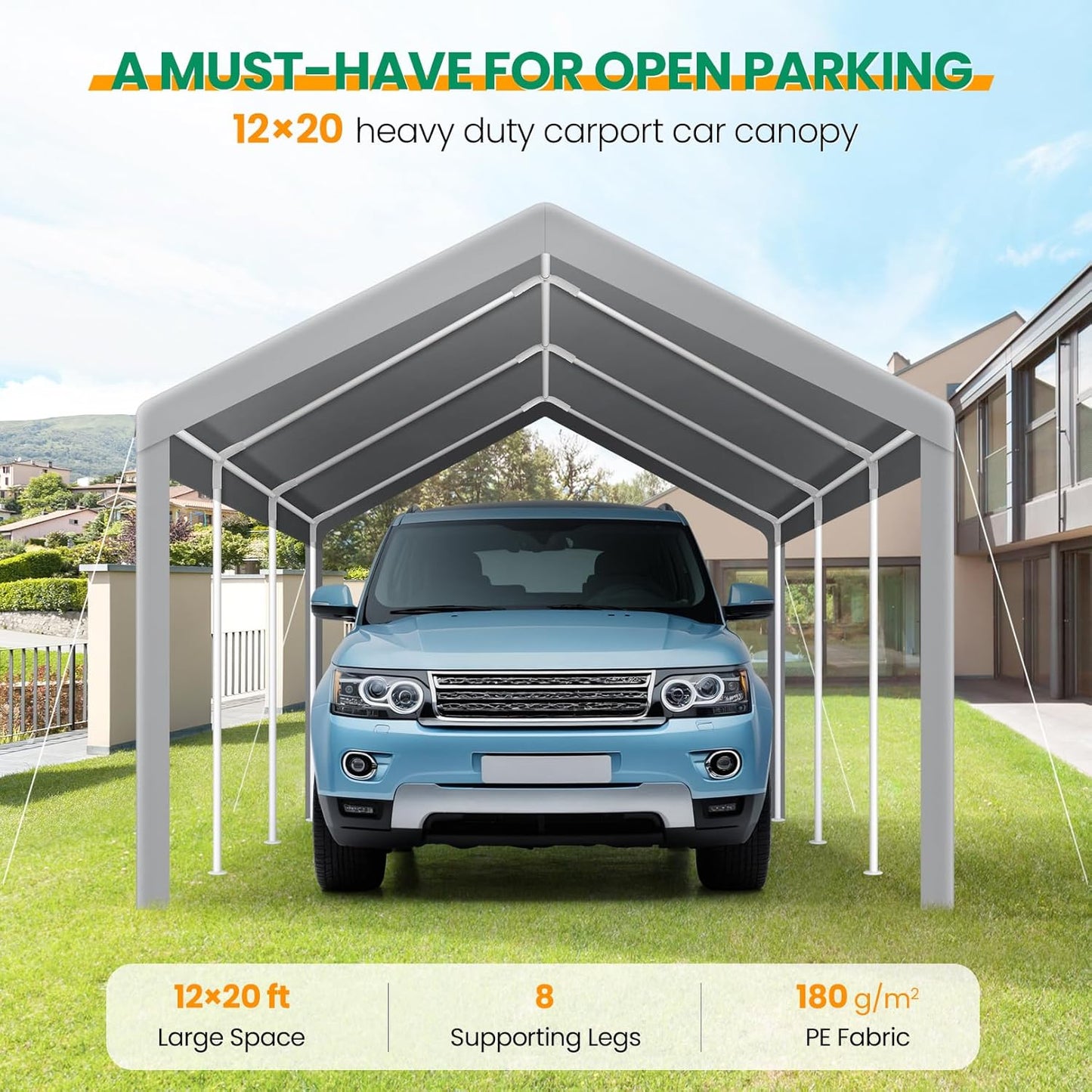 COBIZI Carport Canopy 12x20 Heavy Duty Car Tent Garage, Galvanized Frame Car Canopy Outdoor Shelter Waterproof & UV Protected with Built-in Sandbags & All-Season Tarp for Car Boat Truck, Gray