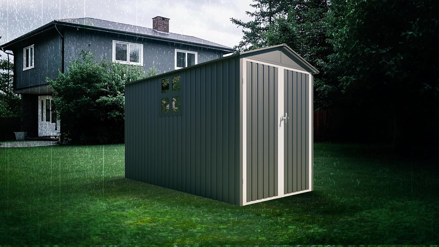 Motorcycle Steel Storage Shed with Window,Outdoor Weather-Resistant Storage Box for Bikes, Tools, Sports Equipment,Easy Assembly, No Tracks or Fixtures Needed, 121" W Gray+White