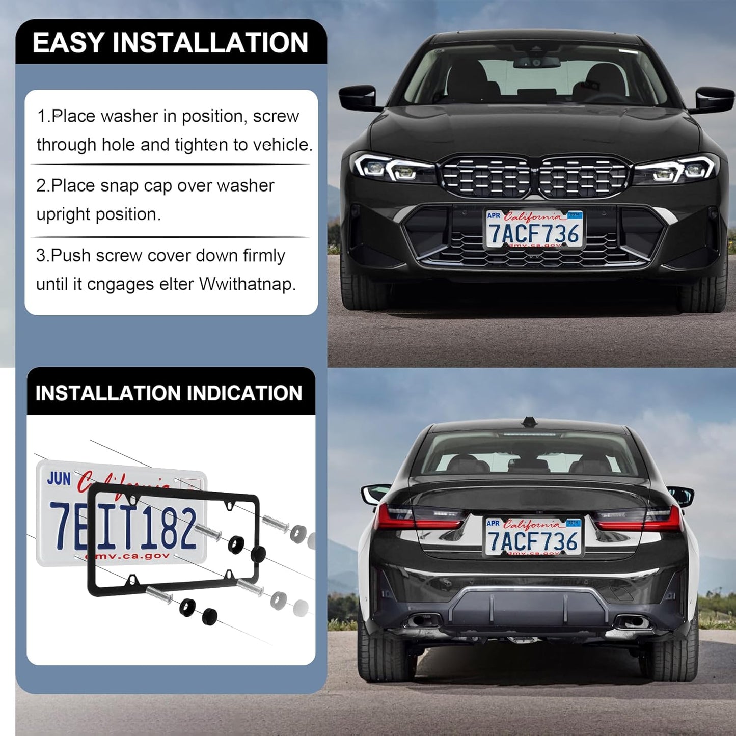 LivTee 4 Holes Stainless Steel License Plate Frames, 2 PCS Car Licence Plate Covers, Automotive Exterior Accessories Slim Design with Bolts Washer Caps for US Vehicles, Black