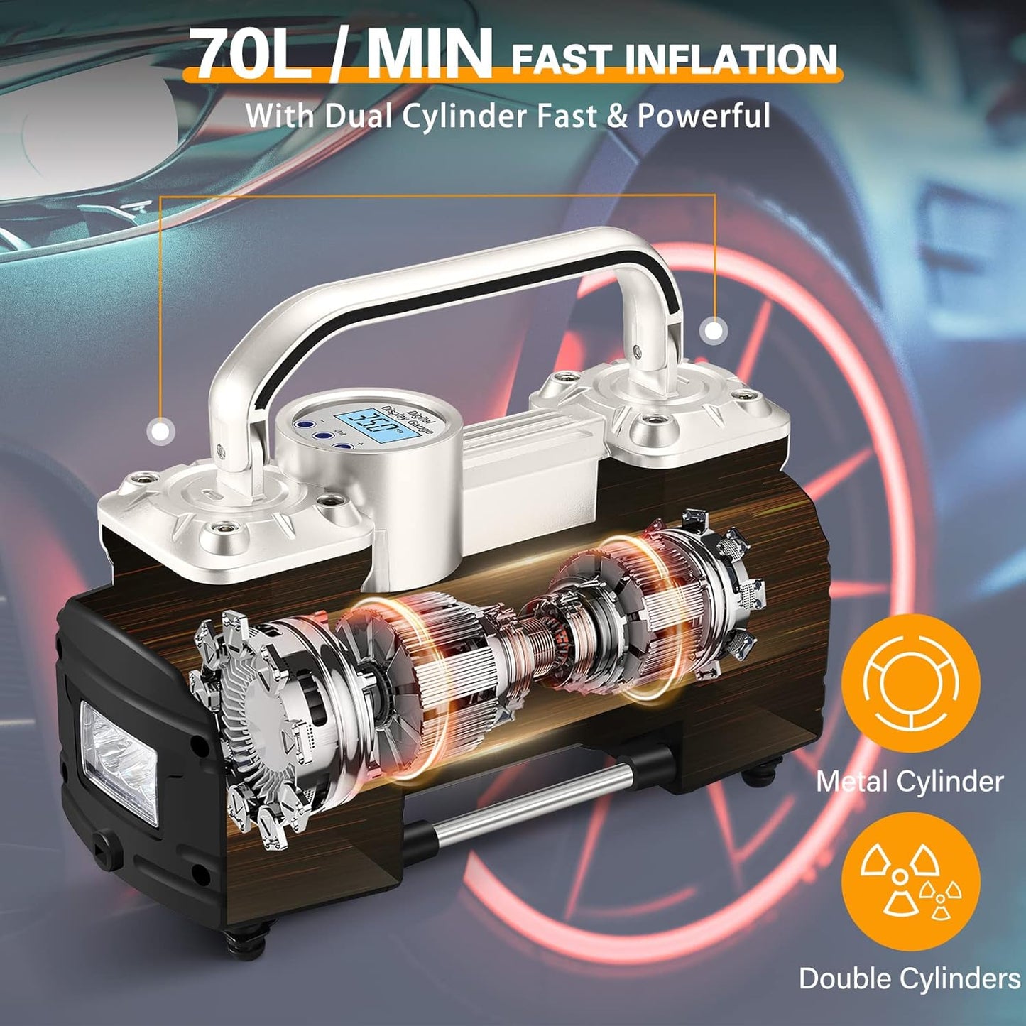 GSPSCN Digital Tire Inflator, Portable Toolbox 12V Air Compressor Pump Heavy Duty Dual Cylinders Car Pump,150Psi Auto Shut-Off with Tire Repair Kit for Auto,SUV,Truck etc