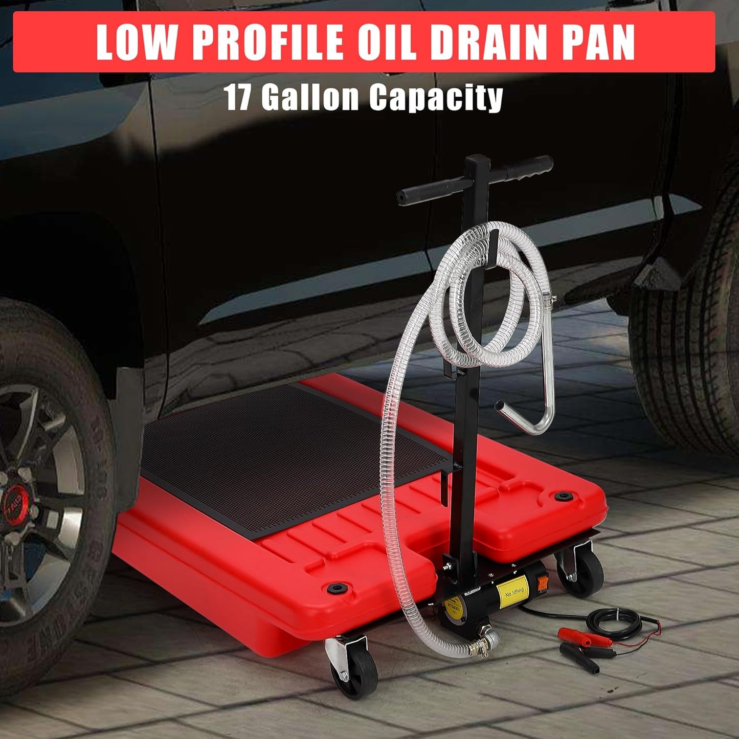 ‌17 Gal Electric Oil Drain Pan, Low Profile Mobile Oil Changing Pan with Hand Pump, 8 Ft Hose & Quick Drain Valve, Leak-Proof Design for Truck Car Motorcycle, Garage Workshop Use