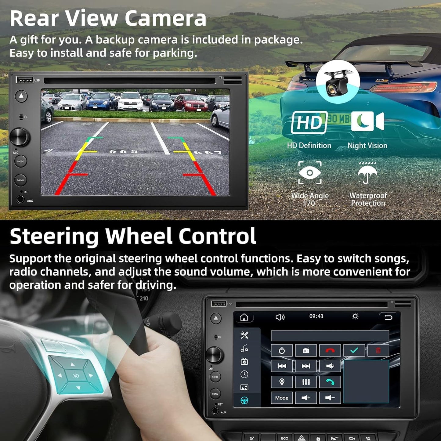 Double Din Car Stereo with CD/DVD Player Apple Carplay & Android Auto, 6.2Inch Car Radio with Bluetooth and Backup Camera, Touch Screen, Mirror Link, Steering Wheel Control, USB/TF/AUX Input, AM/FM