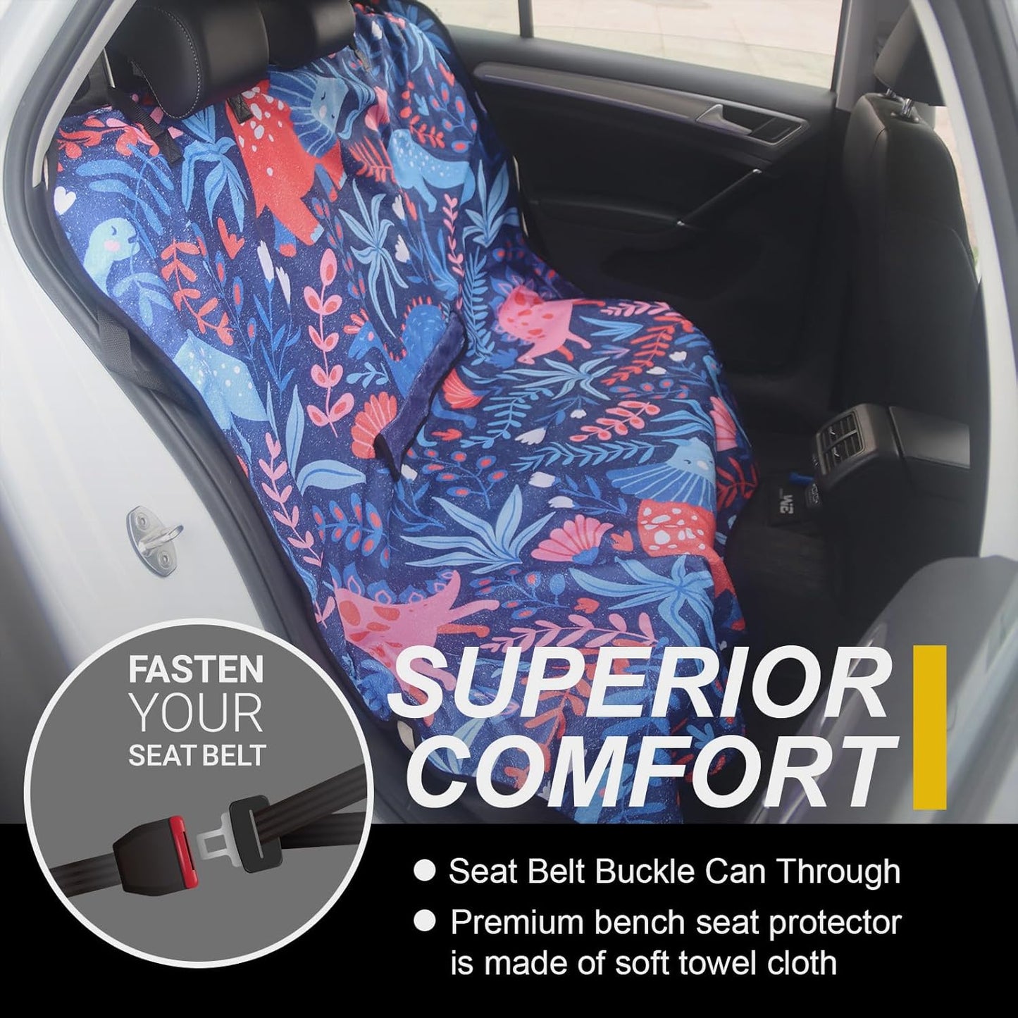 Back Seat Cover for Car Trucks Van SUV,Waterproof Rear Bench Towel Seat Covers for Dogs and Kids,Automotive Backseat Protector (Dinosaur)