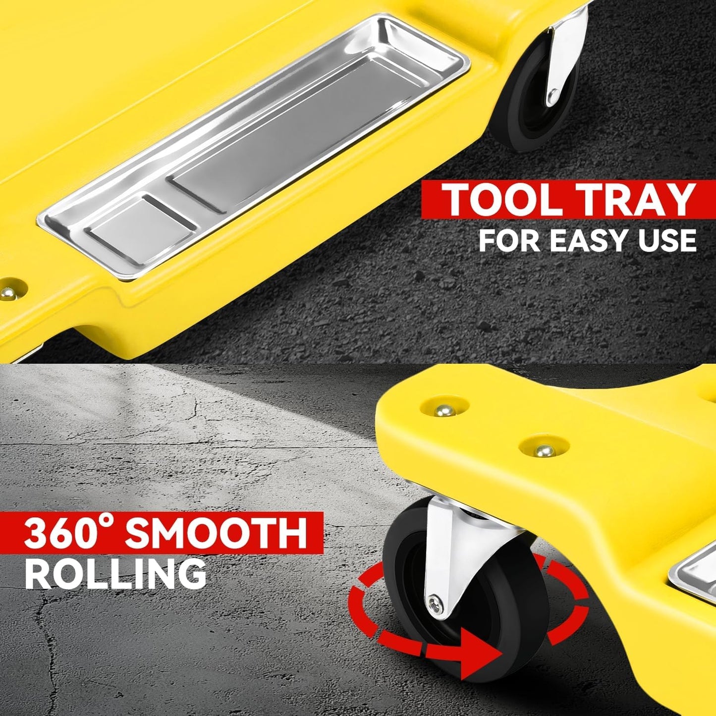 Auto Dynasty 40 Inches Mechanic Creeper, Automotive Garage Repair Low Profile Under Car Rolling Creeper with LED Light and Padded Headrest, Plastic, Yellow