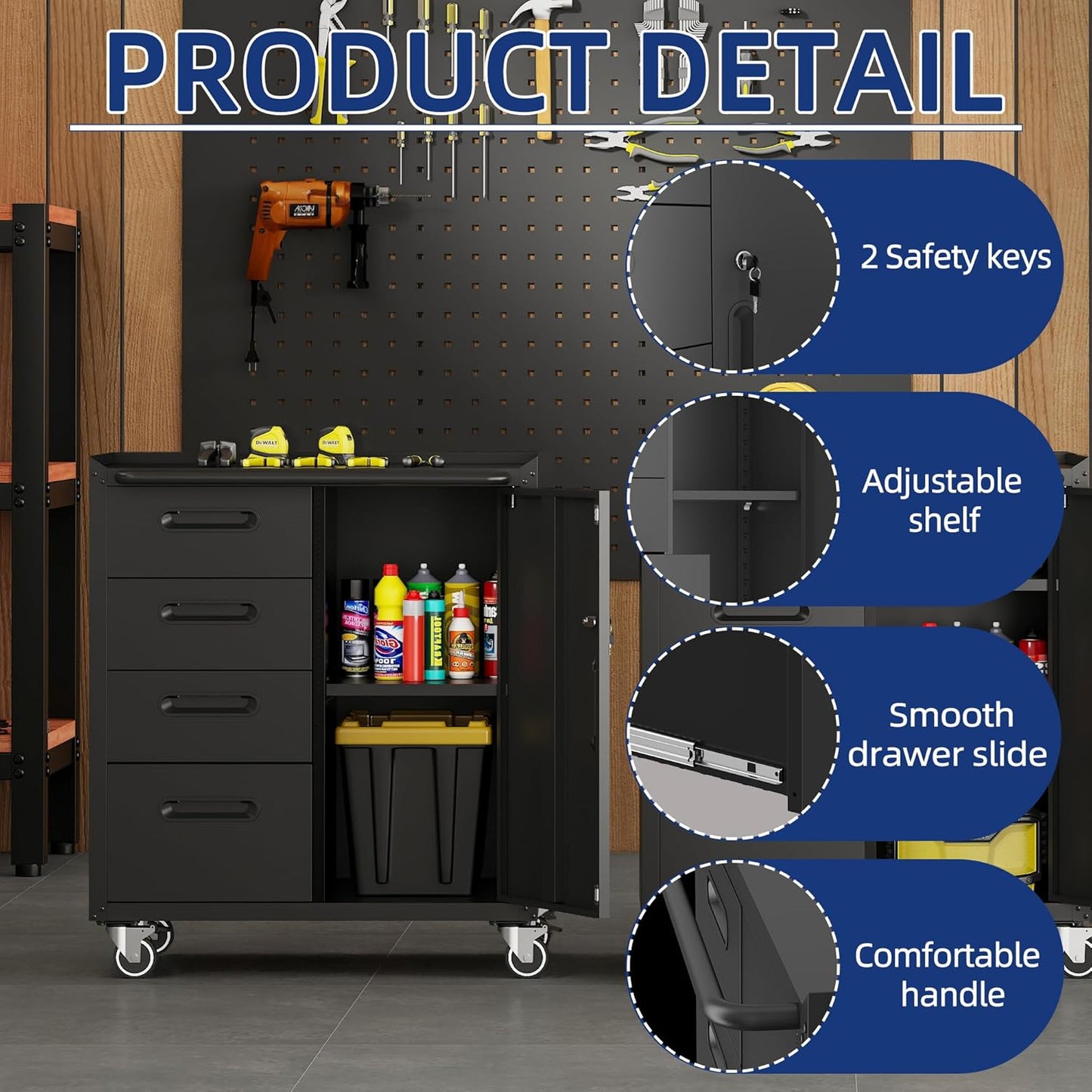 Metal Garage Storage Cabinet with Wheels,Locking Rolling Tool Cabinet with Drawers and Shelves for Home, Office, Garage & Workshop