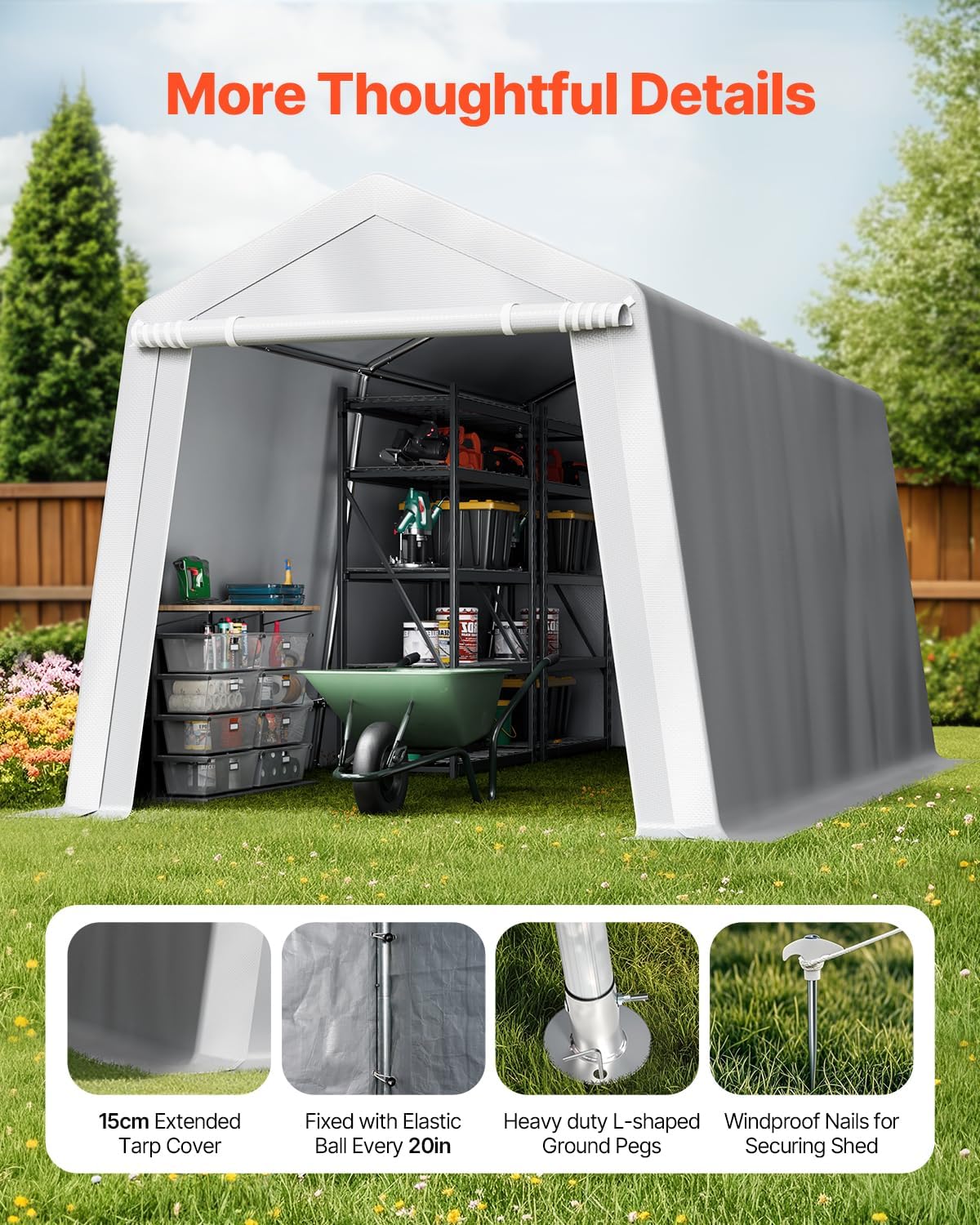 VEVOR Outdoor Storage Shed, 8 x 14 ft Portable Storage Tent with Roll-up Door & Vents, Waterproof Canopy Shed Shelter, Heavy Duty Frame, Patio Garage Carport for Motorcycle, Lawn Mower, Bike, Grey