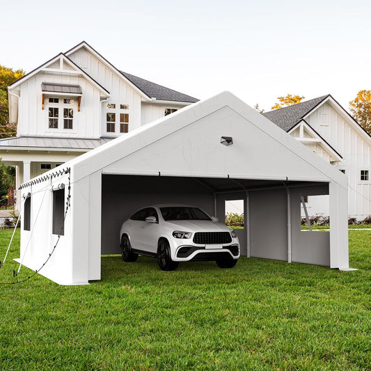 20x20 Carport, Heavy Duty Carport Canopy Garage with Removable Sidewalls and Drive Through Roll Up Zipper Doors, White