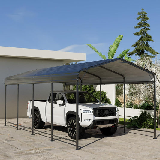 SUNBURY 10x20 FT Carport, Heavy Duty Car Port Canopy with Galvanized Steel Roof, Outdoor Garage Car Shelter Shade with Heavier Metal Frame, for Car, Boat, Pickup and Tractors, Grey
